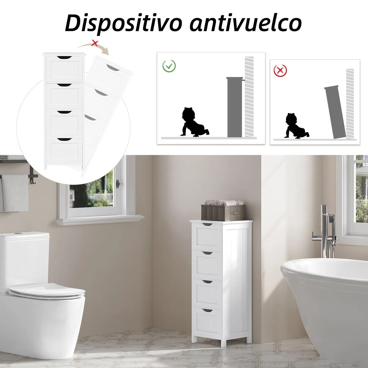 eSituro Armario de Suelo para Baño Auxiliar Pequeño Mueble Organizador de Cajones Laterales con 4 Cestas MDF Blanco 28 x 29 x 82 cm