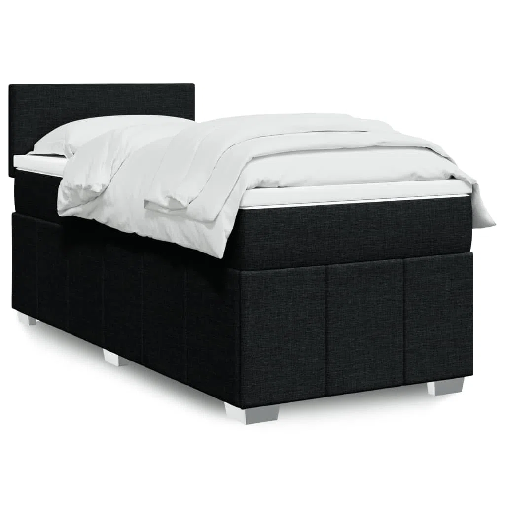 Cama con somier con colchón de 90 x 190 cm en tejido negro, cabecero regulable en altura, colchón de muelles ensacados para un agarre óptimo, listones transpirables y cómodo cojín