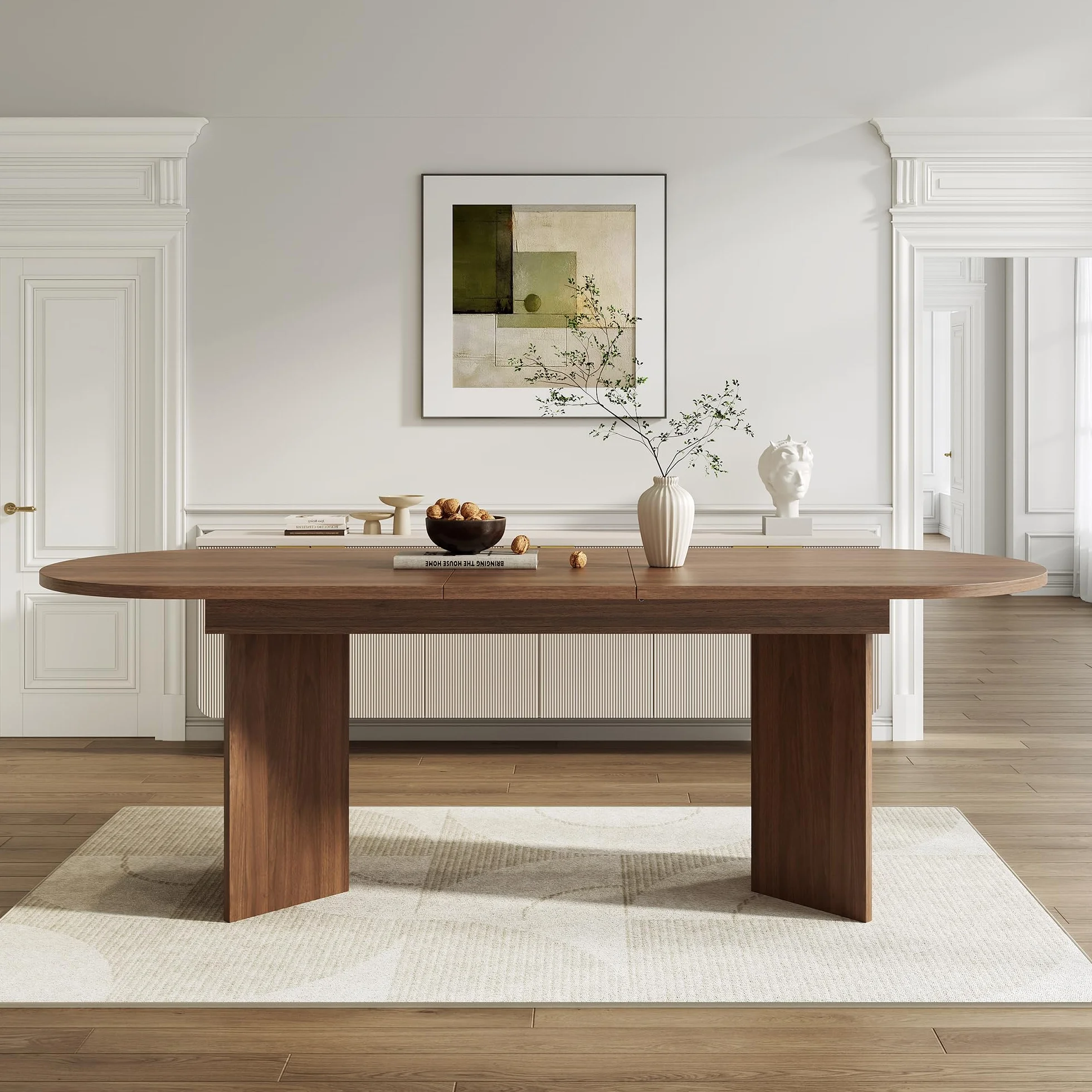 Mesa de Comedor Extensible Ovalada, 160/200 x 90 cm, Mesa de Comedor de Estilo Simple, Mesa de Cocina para 6-8 Personas, Tapa Gruesa, Esquinas Redondeadas, Color Nogal