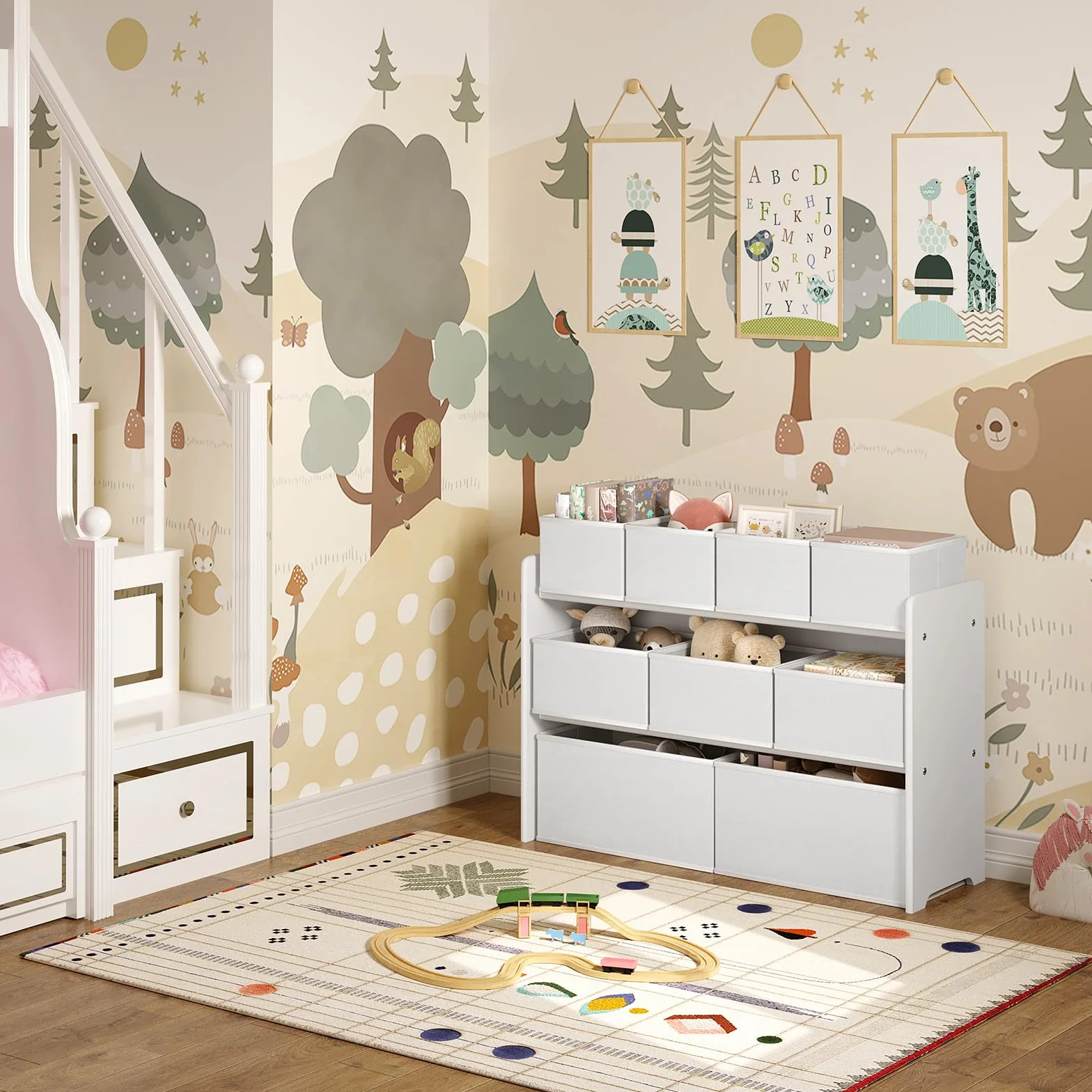 Lestarain Organizador de Juguetes para Niños, Estanteria Infantil de Almacenaje de 9 Cajas, Mueble Infantil de 3 Niveles, Estantería para Habitación, Sala de Juegos y Guardería, Blanco, 92x60x30 cm