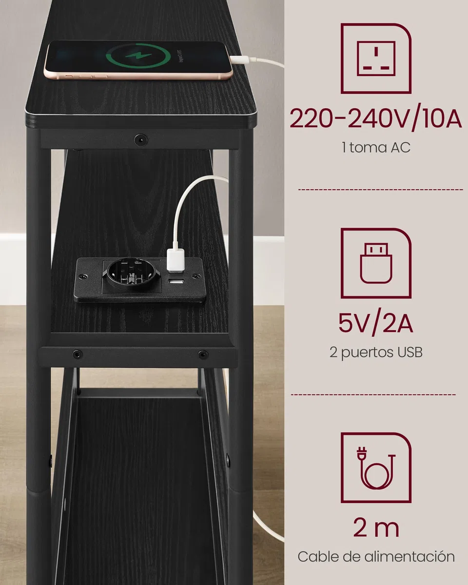 VASAGLE Mesa Auxiliar con Multienchufe, Mesita Estrecha con 3 Estantes, para Espacios Pequeños con Revistero, para Salón, Dormitorio, Estudio, Negro Ébano y Negro Tinta LET335B02