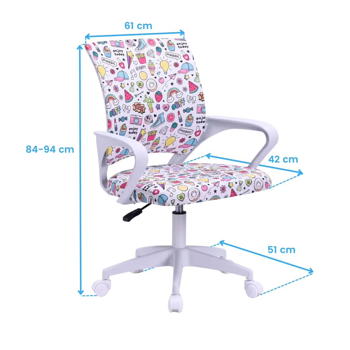 Miroytengo Silla de Escritorio Juvenil Vita Emojis, Altura Regulable, Tela Estampado, Reposabrazos Blanco