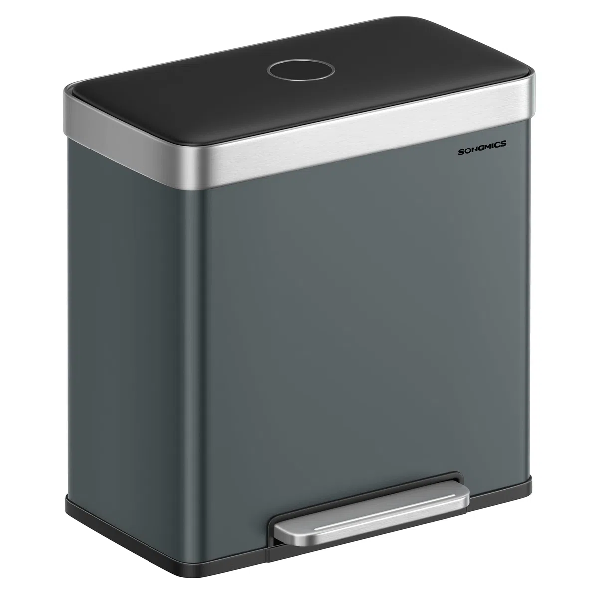 SONGMICS Cubo de Basura Doble, 2 x 30 L, Acero Inoxidable, con 15 Bolsas de Basura, con Cubos Interiores de Plástico, Tapa con Bisagra, Cierre Suave, 58,2 x 36,5 x 60,5 cm, Gris Verdoso LTB202G01