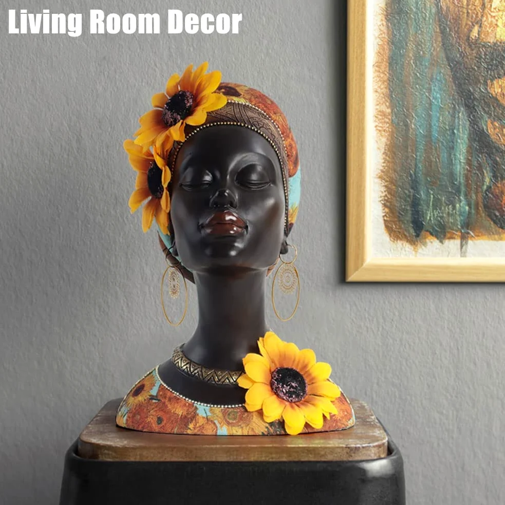 Estatua de busto de arte africano, decoración del hogar, figuras africanas de girasol, escultura de busto afroamericano, adecuada para sala de estar y escritorio