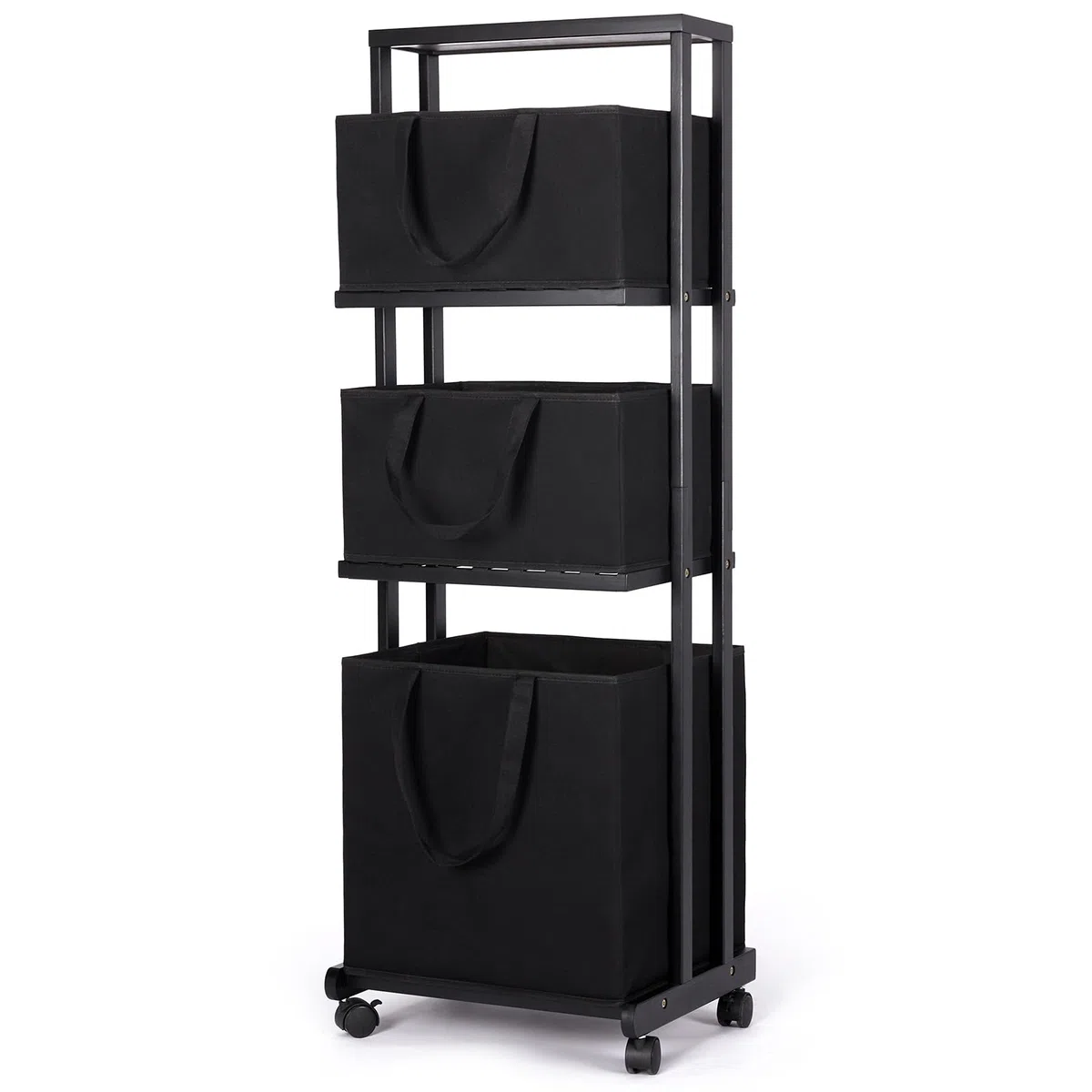 Yorbay Cestos para la Colada，Estantería de Baño en Bambú con Ruedas, 121x42x34cm, Para Ropa Sucia, Armario con Cesta para Organización de Colada (Negro)