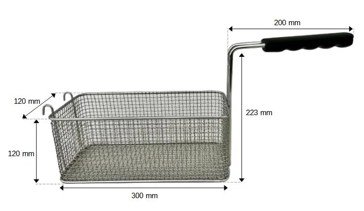FCR0250 – Cesta para freidora profesional con ganchos. Medidas: 120 x 300 x 120 mm. De acero cromado. Fabricado en Italia. Cesta freidora de acero