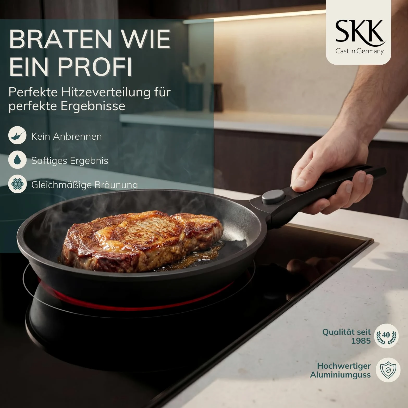 skk 14432 Serie 6 Plus - Sartén de hierro fundido (apta para inducción, mango extraíble, sartén de aluminio fundido a mano, revestimiento antiadherente)