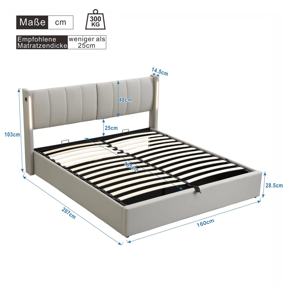 Cama Tapizada de 160x200 cm con Cabecero LED Inclinable y USB, Estructura de Cama Doble con Soporte de Láminas de Madera y Almacenamiento Hidráulica, Somier Metálico, PU, Gris, Sin Colchon