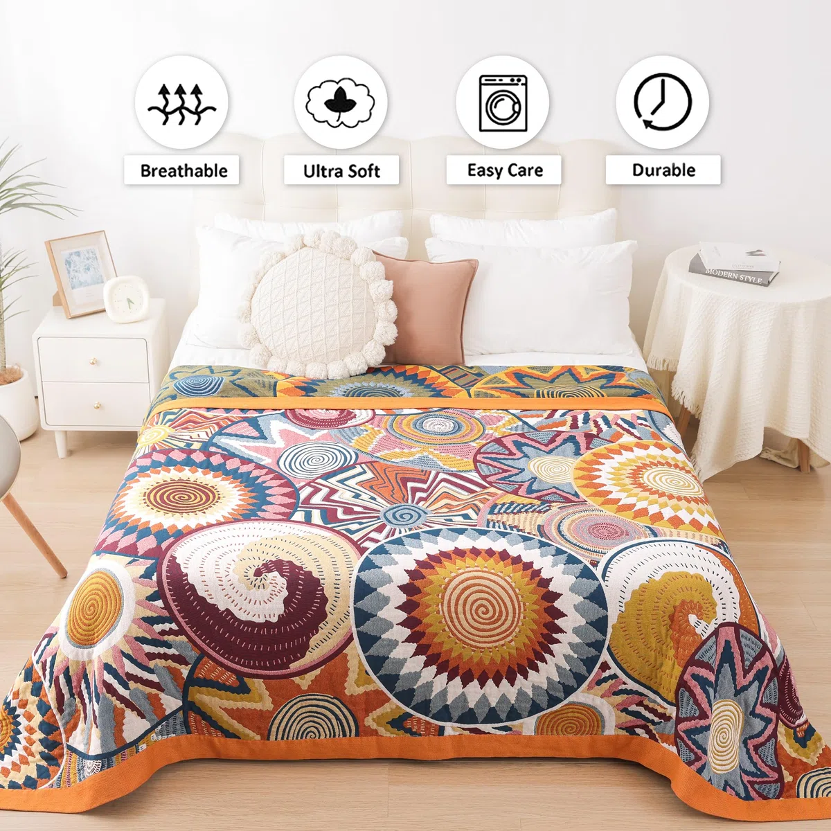 VANJOROY Manta bohemia de doble cara para sofá, cama grande, 100% algodón orgánico, cálida, suave, lujosa manta bohemia para sofá de 2 y 3 plazas, sillón y sofá, 150 x 200 cm, colorido
