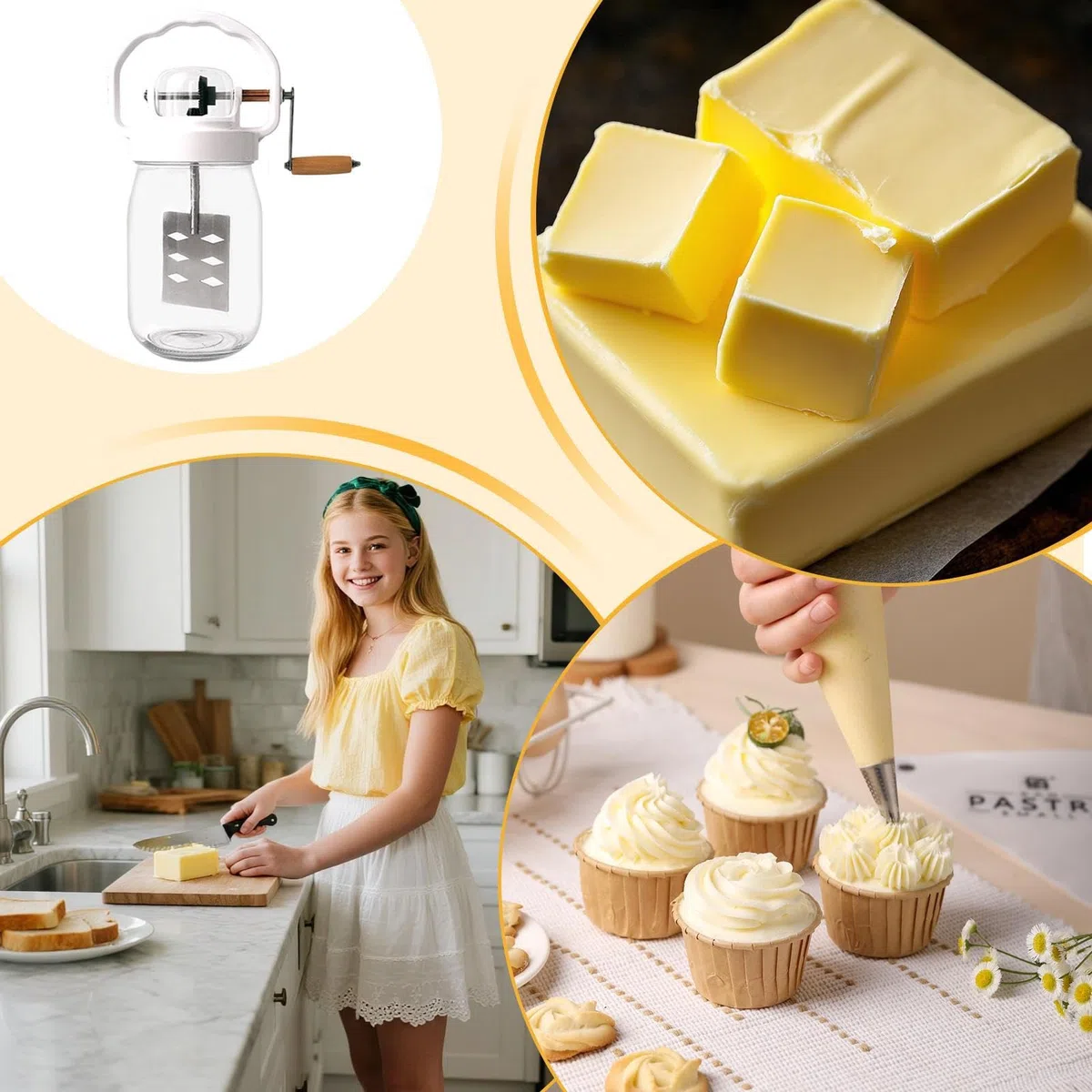 Batidora de Manivela Mezclador de Mantequilla de 1500 ml | con Frasco de Vidrio Varillas Manuales para Repostería, Cocina, Niños, Harina, Alimentos, Mermelada,