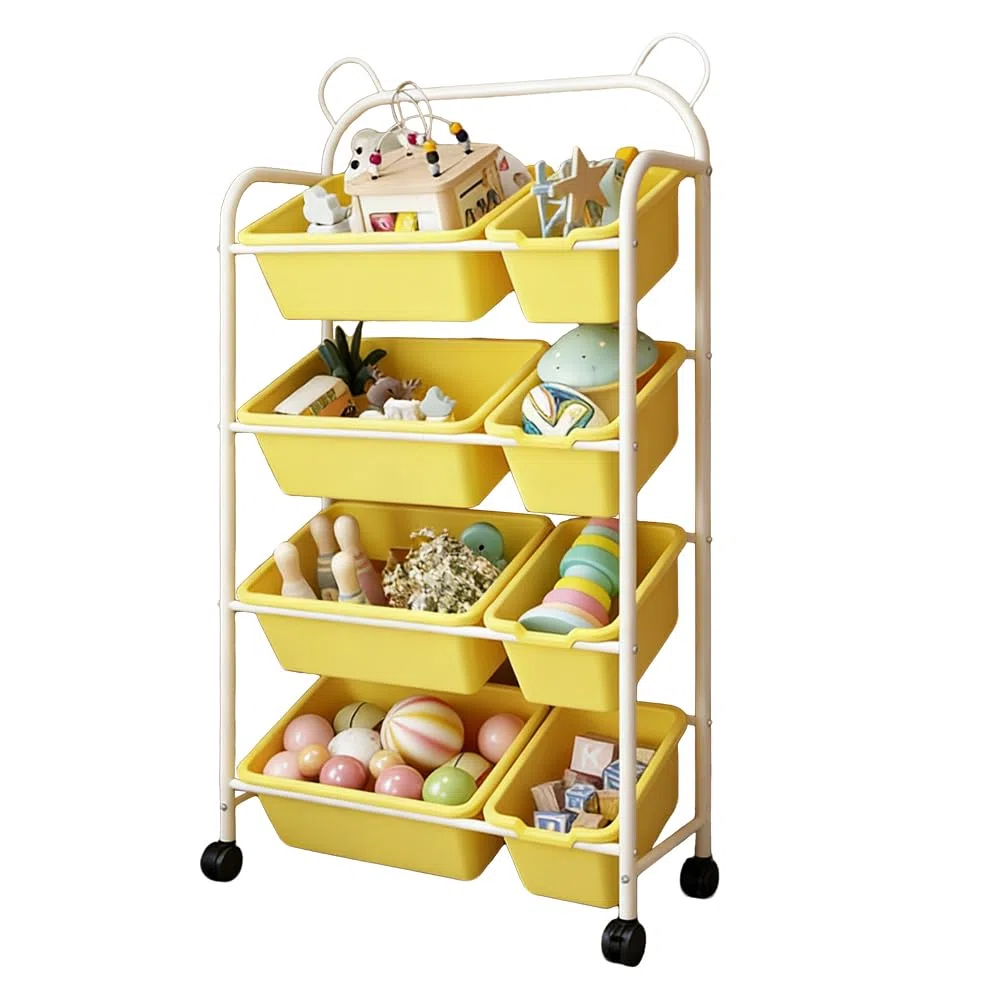 Organizador de Juguetes Infantil con Ruedas, 8 Cajas Amarillas Extraíbles, 4 Niveles, 63x28.5x122.5cm, Diseño de Orejas de Oso, Almacenamiento para Habitación Infantil (4 Tier)