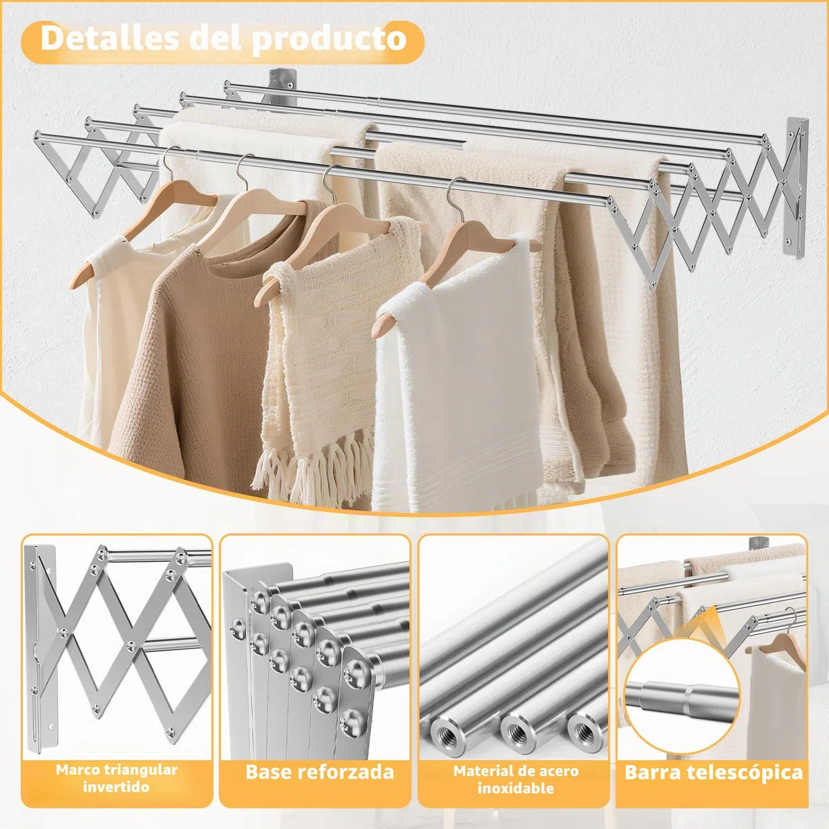 OUUTMEE Tendedero de pared de acero inoxidable extensible, área telescópica frontal y trasera: 12~68cm, con siete varillas de tracción, capacidad de carga 7.5kg (Plata)
