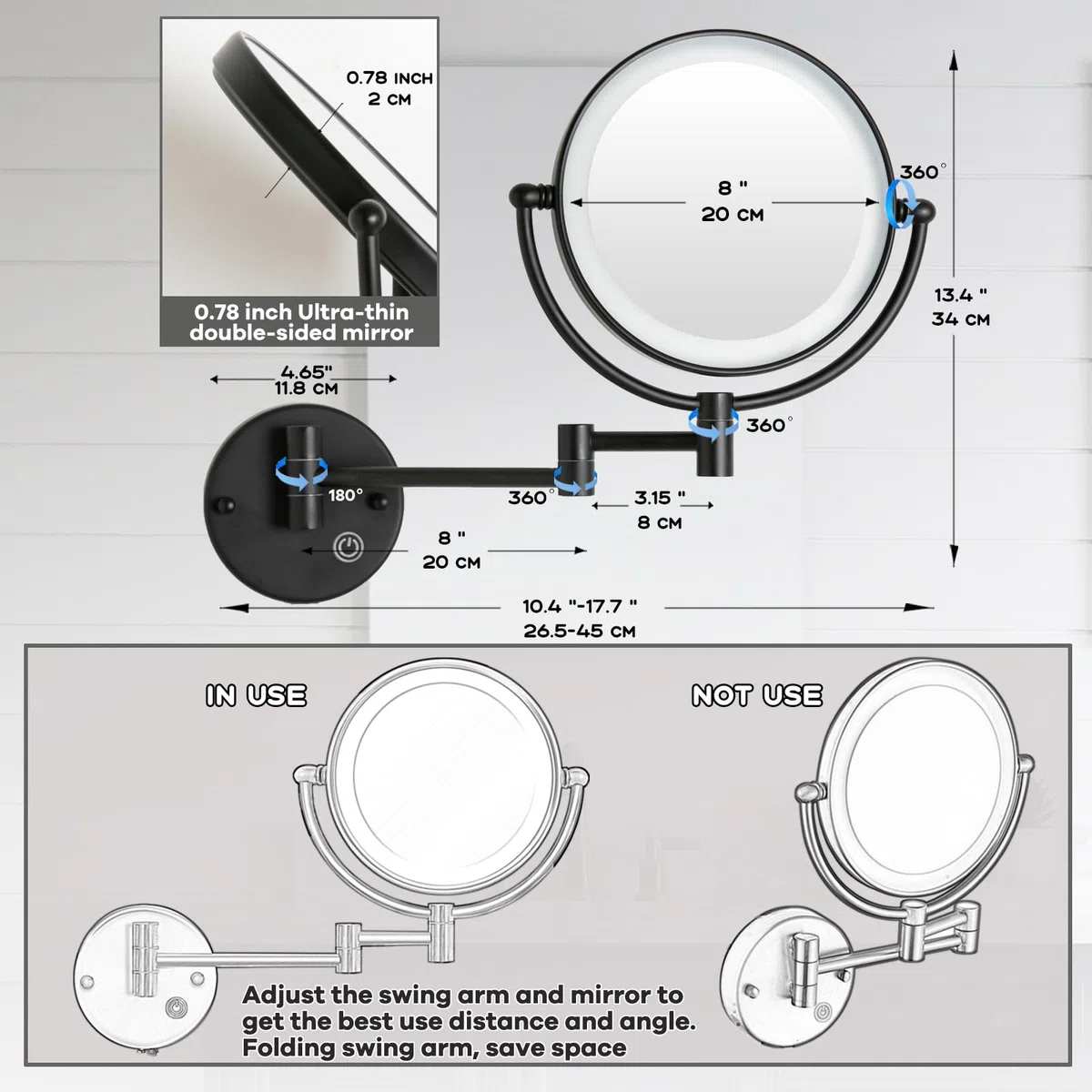 Espejo Maquillaje con Luz Pared, 1X / 5X Doble Cara Espejo Baño,Material de Latón,Espejo Aumento con Luz,Control por Interruptor Táctil,Brillo Ajustable,360 Giratorio Espejo para Baño,Hotel