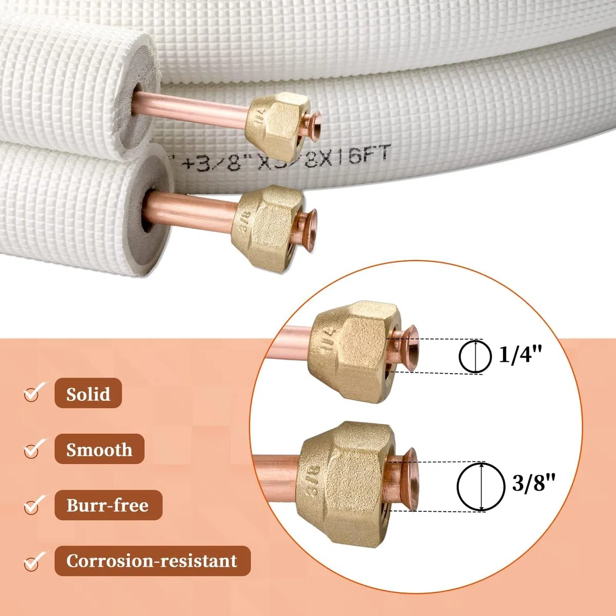 Wostore 2 tubos de cobre de 3 metros, 1/4+3/8 pulgadas, tubos de refrigerante, tubos de cobre aislados para kit de montaje de 9000/12000 BTU