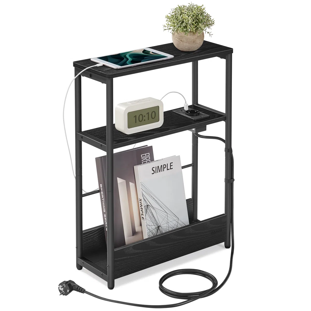 VASAGLE Mesa Auxiliar con Multienchufe, Mesita Estrecha con 3 Estantes, para Espacios Pequeños con Revistero, para Salón, Dormitorio, Estudio, Negro Ébano y Negro Tinta LET335B02