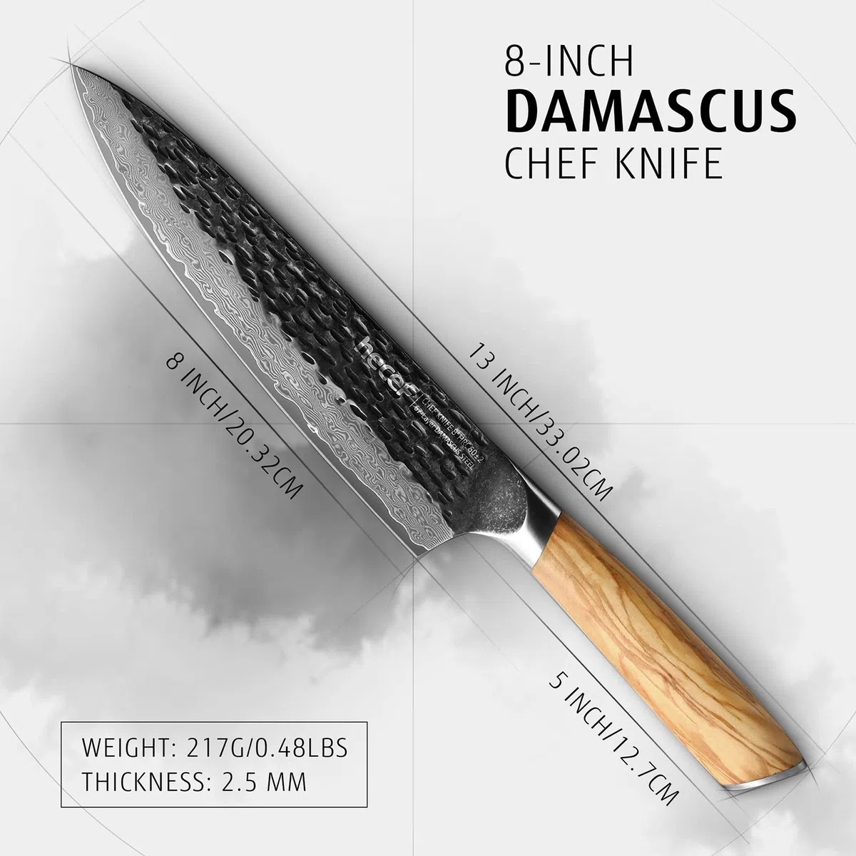 hecef Cuchillo de Cocina Damasco 20 cm con Mango de Madera de Olivo | Cuchillo japonés profesional, cuchillo cebollero chef con 67 capas de acero Damasco para carne y verduras