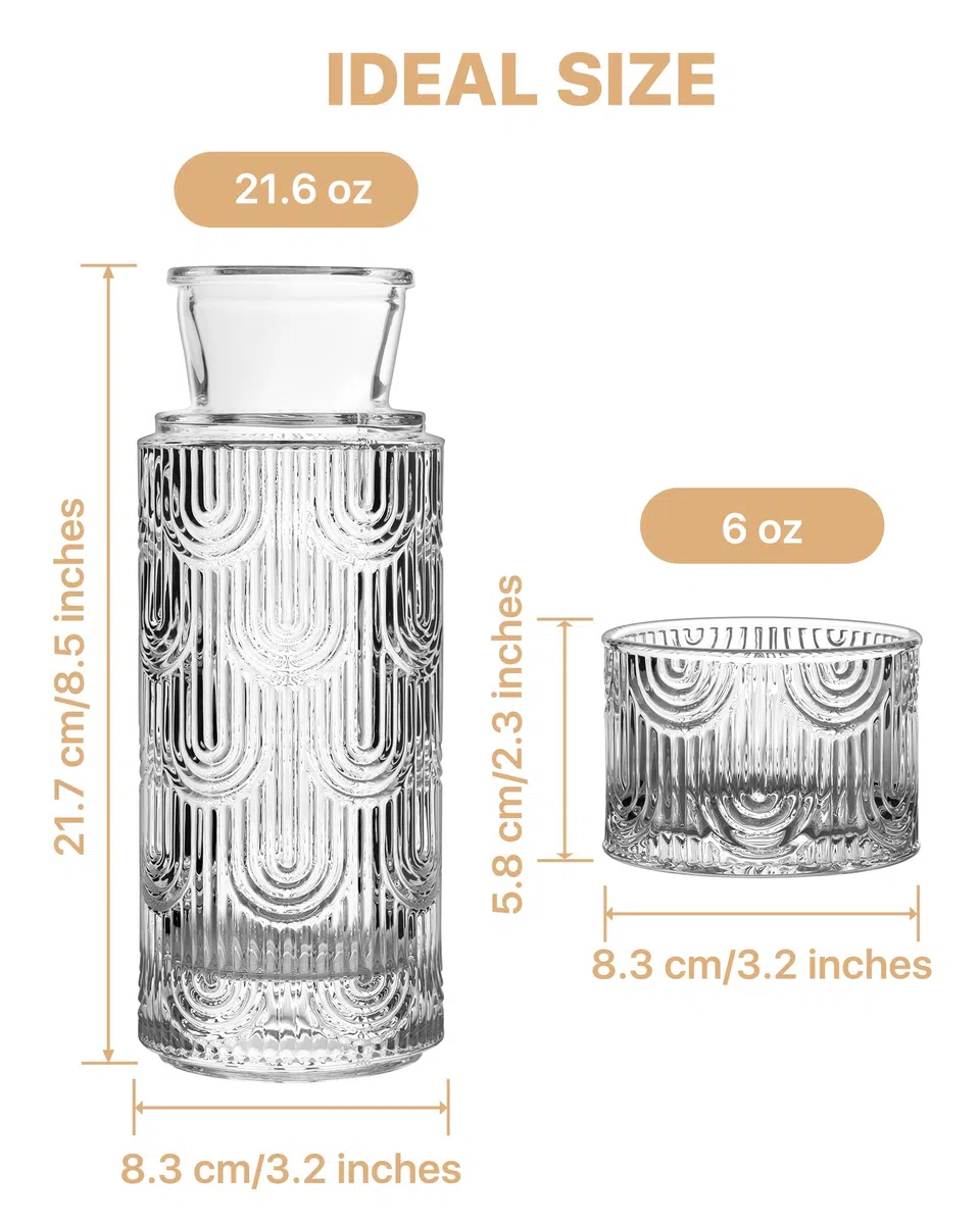 Juego de jarra de agua y vaso para mesita de noche, 612.3 g, transparente | Jarra de 21 onzas con taza de 6 onzas como tapa para agua, agua de limón, té helado, enjuague bucal de baño, servicio diario