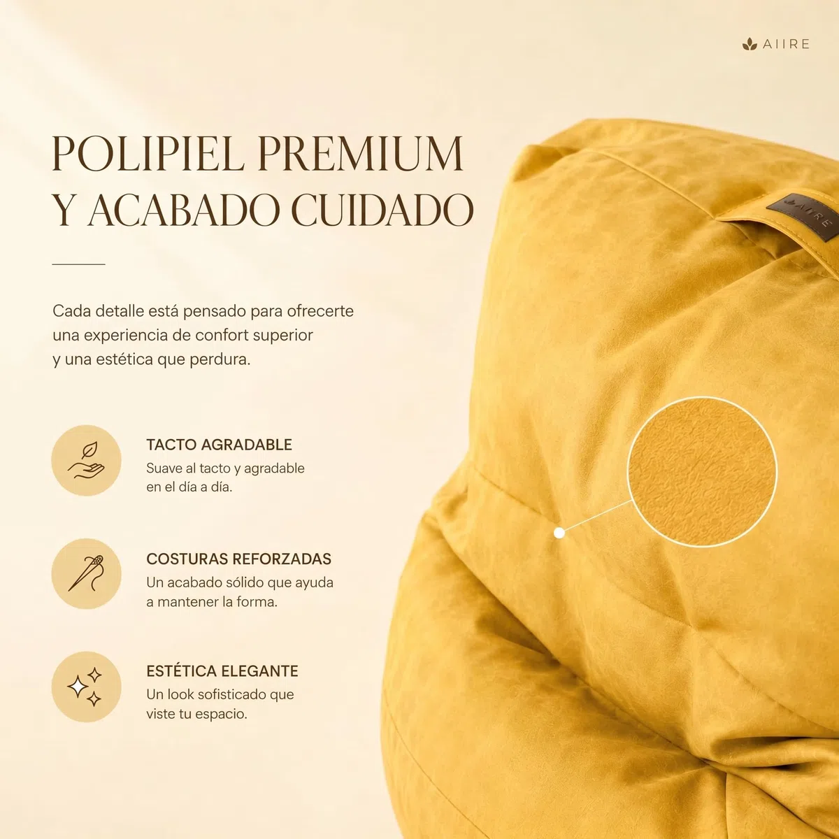 Aiire Puff Salón XXL de Diseño - Sillón Puf con Relleno Incluido para Adulto o Adolescente en Polipiel Premium - Bean Bag Chair Moderno para Dormitorio - Funda Desenfundable y Lavable