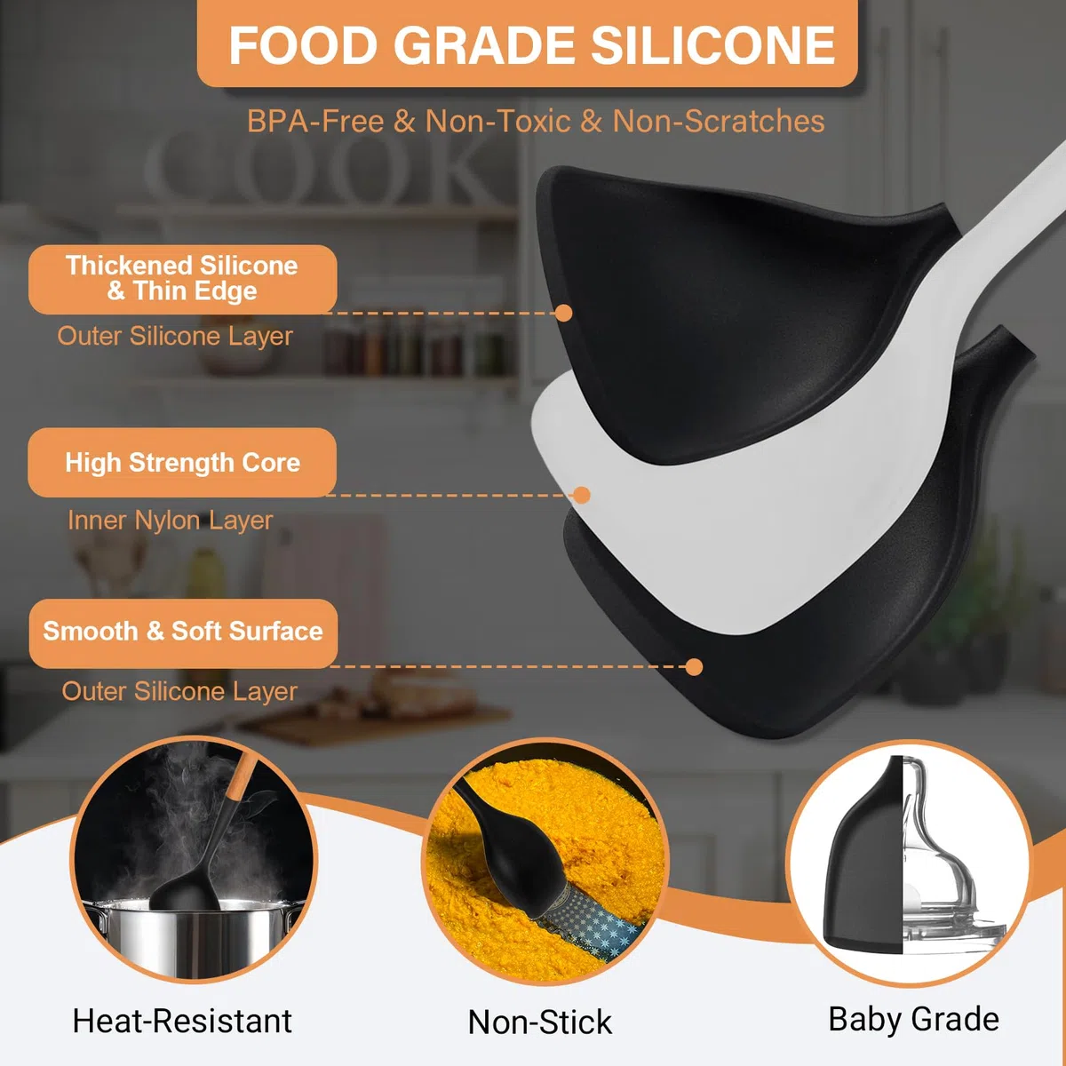 Juego de utensilios de cocina de silicona grande de 25 piezas con soporte, juego de utensilios de cocina sin BPA con mango de madera, espátulas de silicona resistentes al calor con espátula para