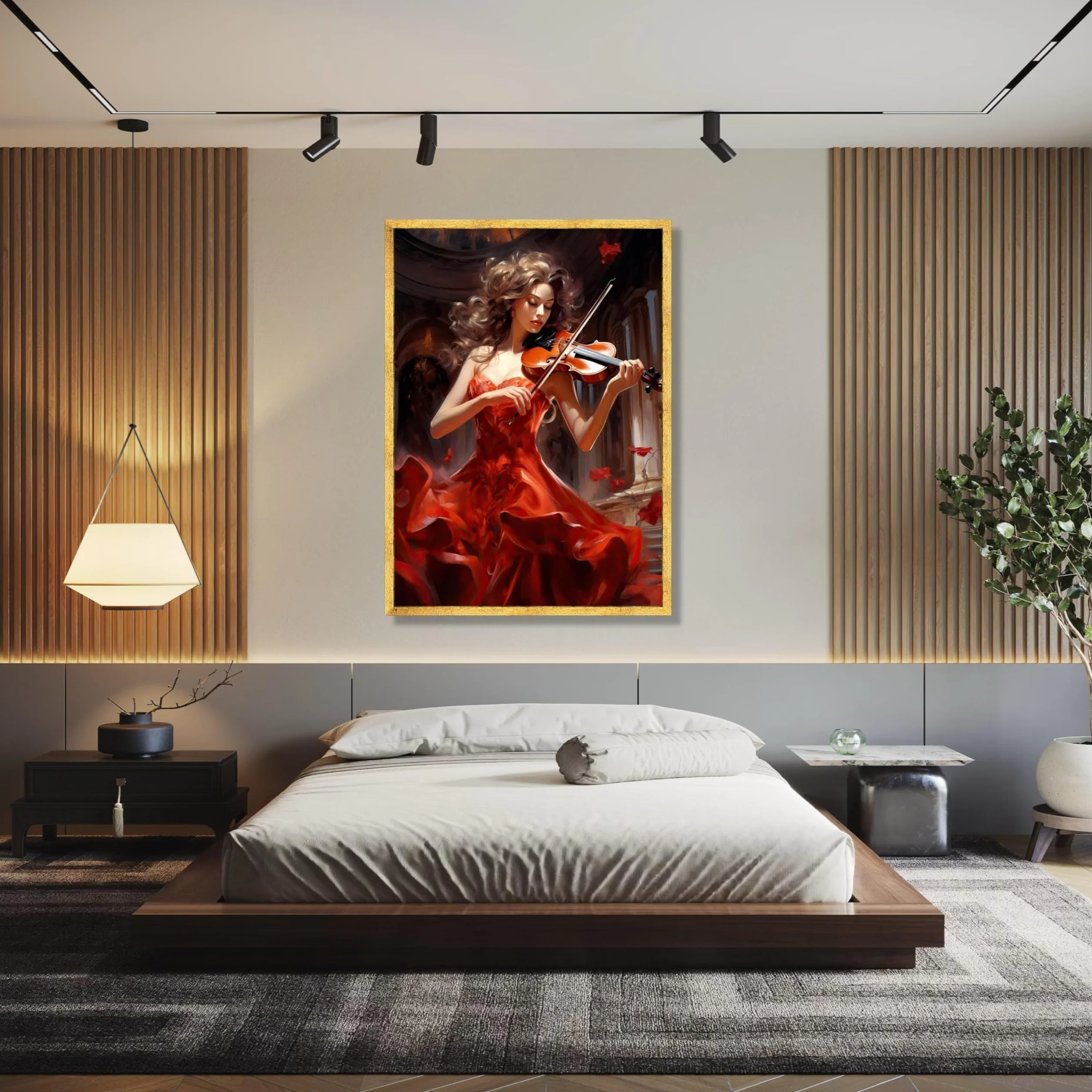 XBTYKPB Lienzo de violinista con vestido rojo fluido, arte mural de instrumentos musicales, decoración de música clásica, decoración romántica del hogar, pintura (70 x 100 cm/marco interior)