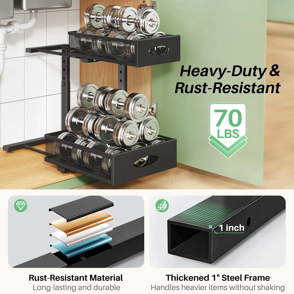 Kitstorack Organizador Bajo Fregadero Extraíble de 2 Niveles, Pack de 2, Cestas de Malla de Gran Capacidad, Estante Ajustable en Altura con Diseño en L para Cocina, Baño y Lavandería, Negro
