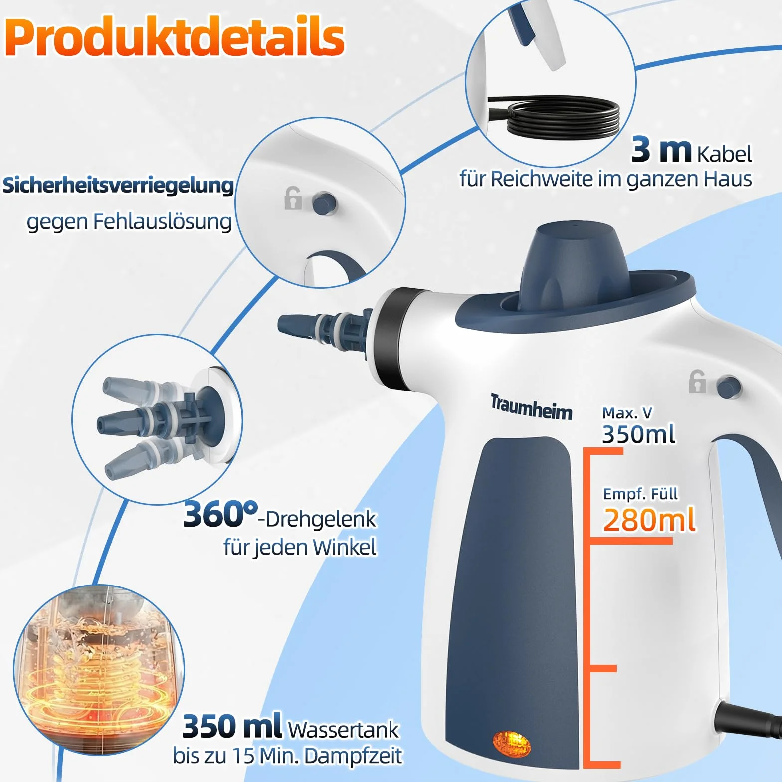 Limpiador a vapor, limpiador de vapor de mano para el hogar multiusos con accesorios de 14 piezas, 3 bares de presión de vapor 350 ml, 1200 W, limpiador de vapor sin químicos, limpieza de