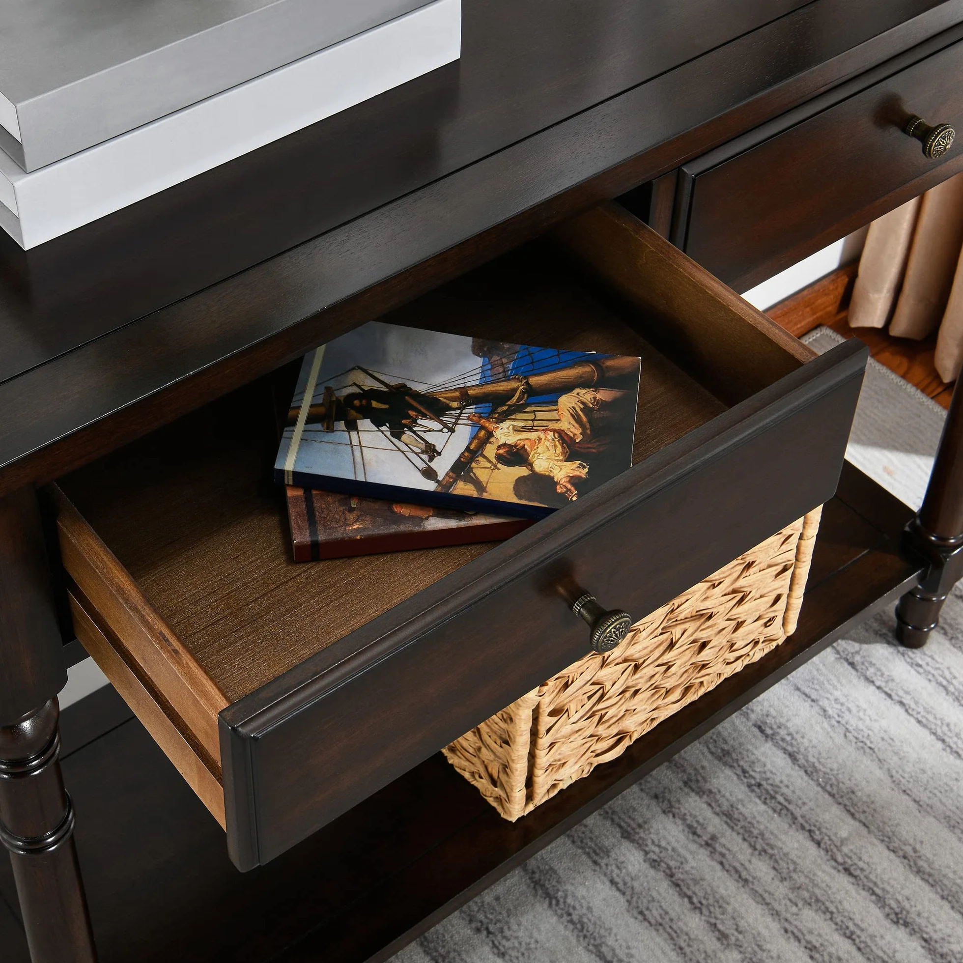 PADMA HOUSE - Mueble de madera maciza con 2 cajones, mesa consola con estante de consola de entrada de pasillo estrecho para 2 niveles, mesa de entrada a salón (marrón)
