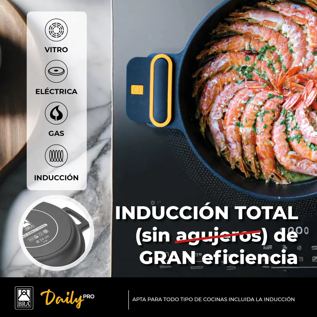 BRA Daily Pro | Cacerola baja 36 cm aluminio fundido, antiadherente sin PFOA, apta para todo tipo de cocinas e inducción