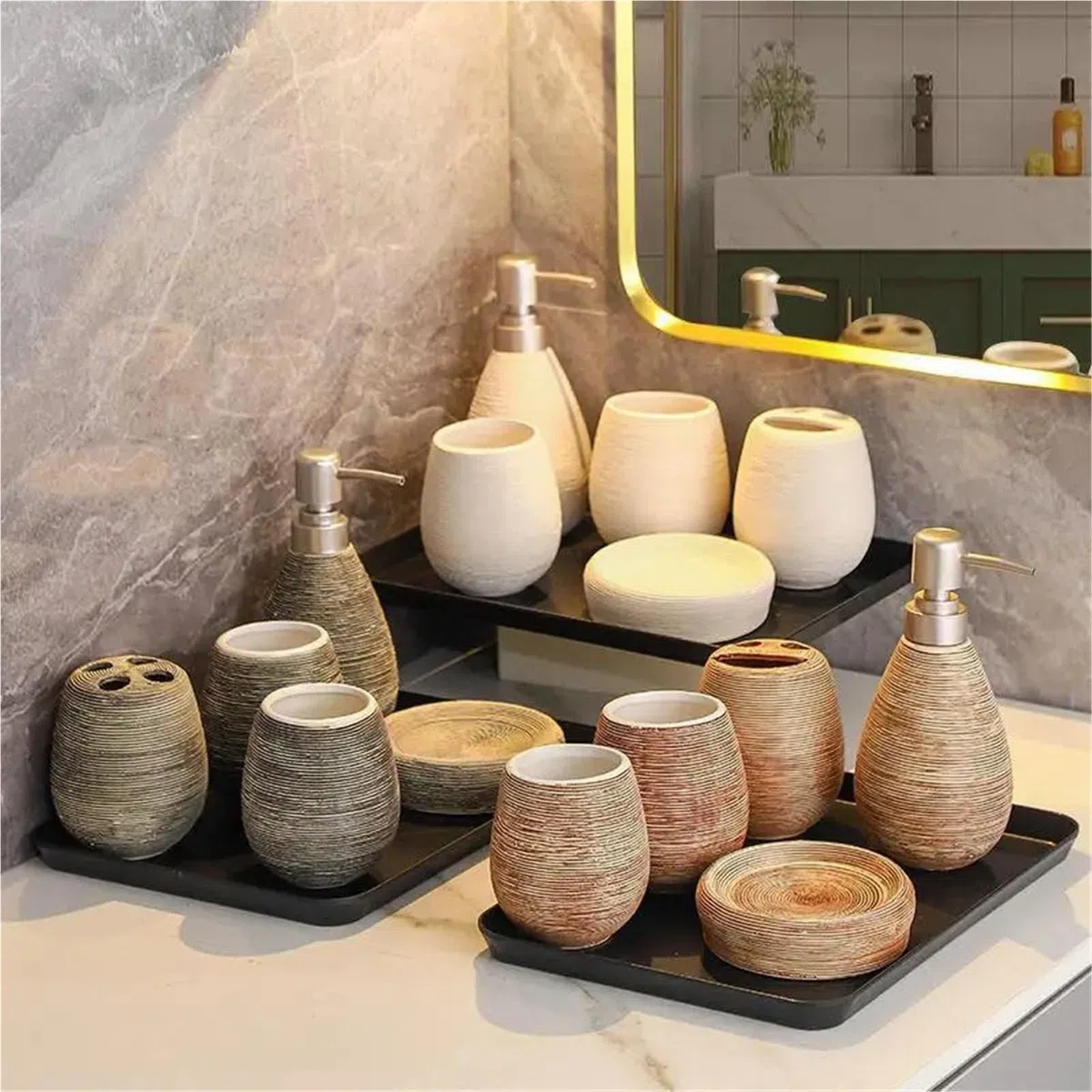Set De Baño Juego de cerámica for baño, dispensador champú, Botella, jabonera, Soportes for cepillos Dientes, Accesorios for Taza Enjuague(Brown 4pcs)