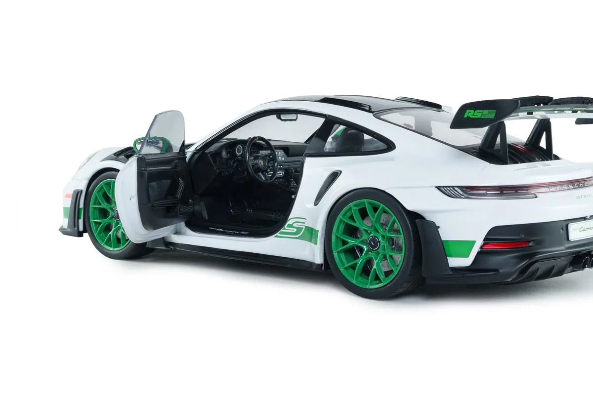 Solido Porsche 911 GT3 RS 2024 1:18 – Die-Cast Tribute to Carrera RS Package Modelo Coleccionista Metal Blanco con Base de Plástico, Caja Ventana