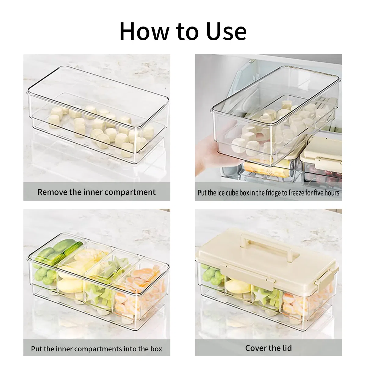 Paquete de 2 organizadores de condimentos enfriados con hielo con 4 recipientes y 4 tapas, bandeja para servir frutas con asa, organizador de condimentos portátil para suministros de barra de
