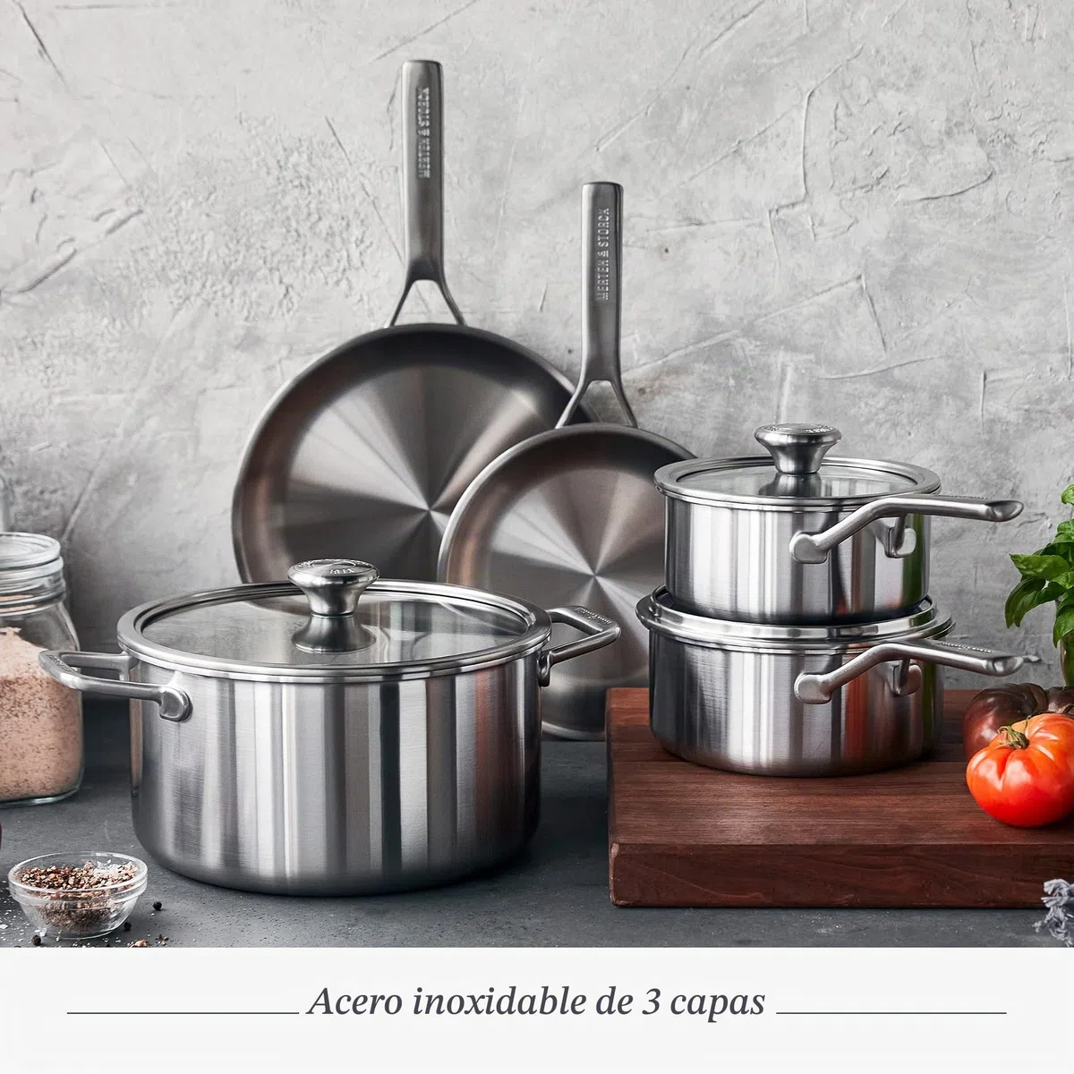 Merten & Storck Tri-Ply Juego de 8 Ollas y Sartenes de Scero Inoxidable Tricapa para Inducción, Incluye sartenes, cacerolas, ollas y tapas, Multicapa, Apto para Horno y Lavavajillas, Plata