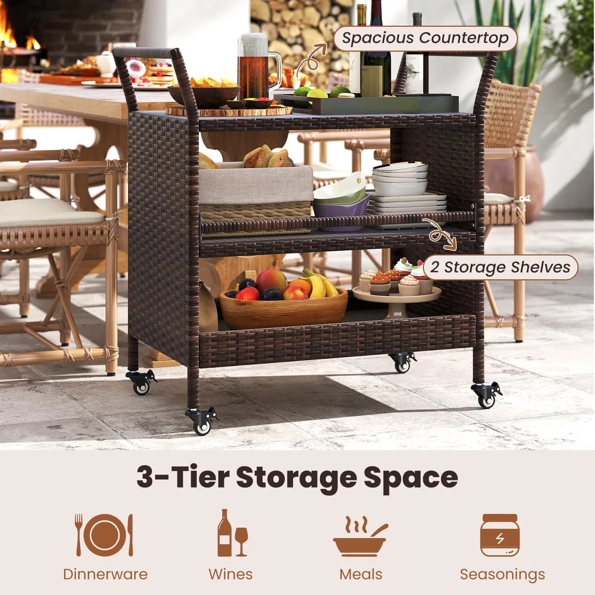 KOMFOTTEU Carro de Cocina con Ruedas, Carrito de Servicio de Ratán de 3 Niveles con Asas, Carro de Barbacoa para Comedor, Jardín, Picnic, 86 x 50 x 89 cm