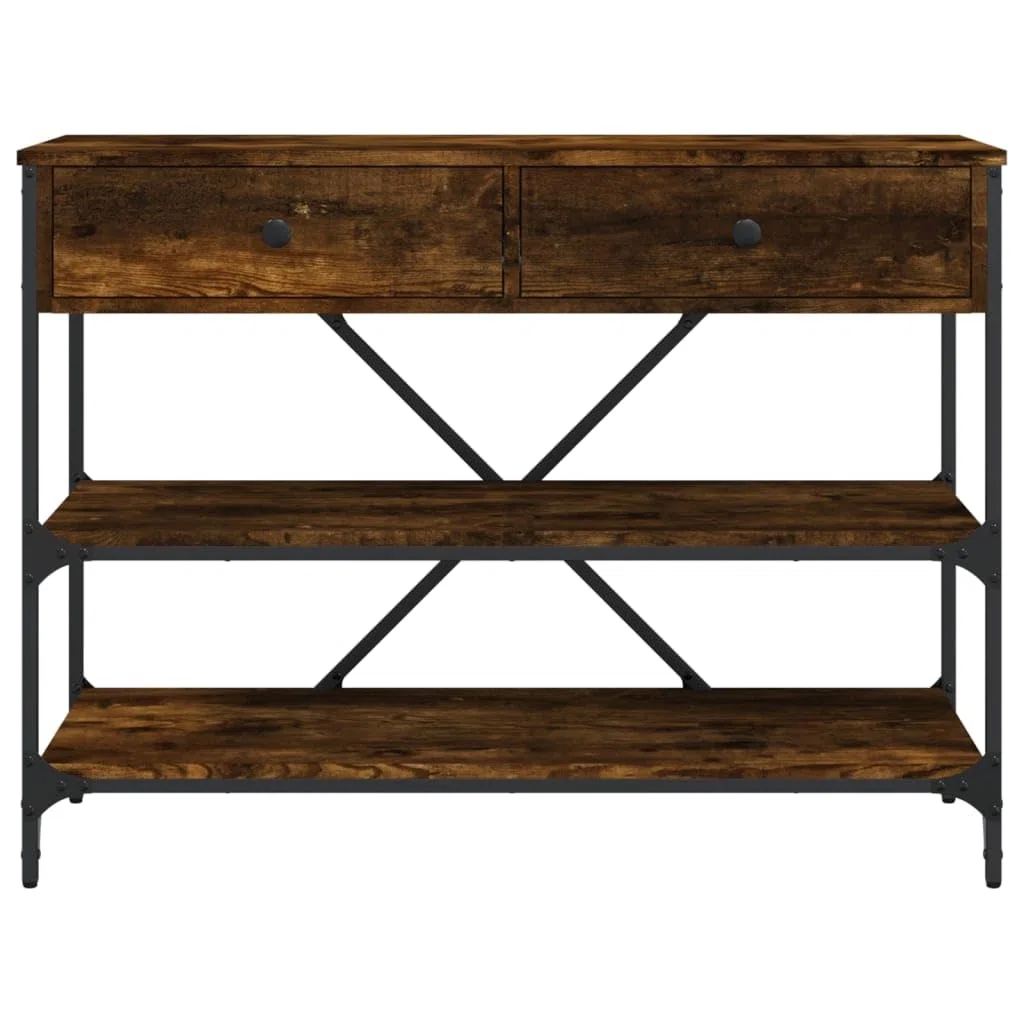 Mesa consola clásica de madera con estructura de acero, 2 cajones y estantes para almacenamiento, mesa auxiliar para salón y pasillo