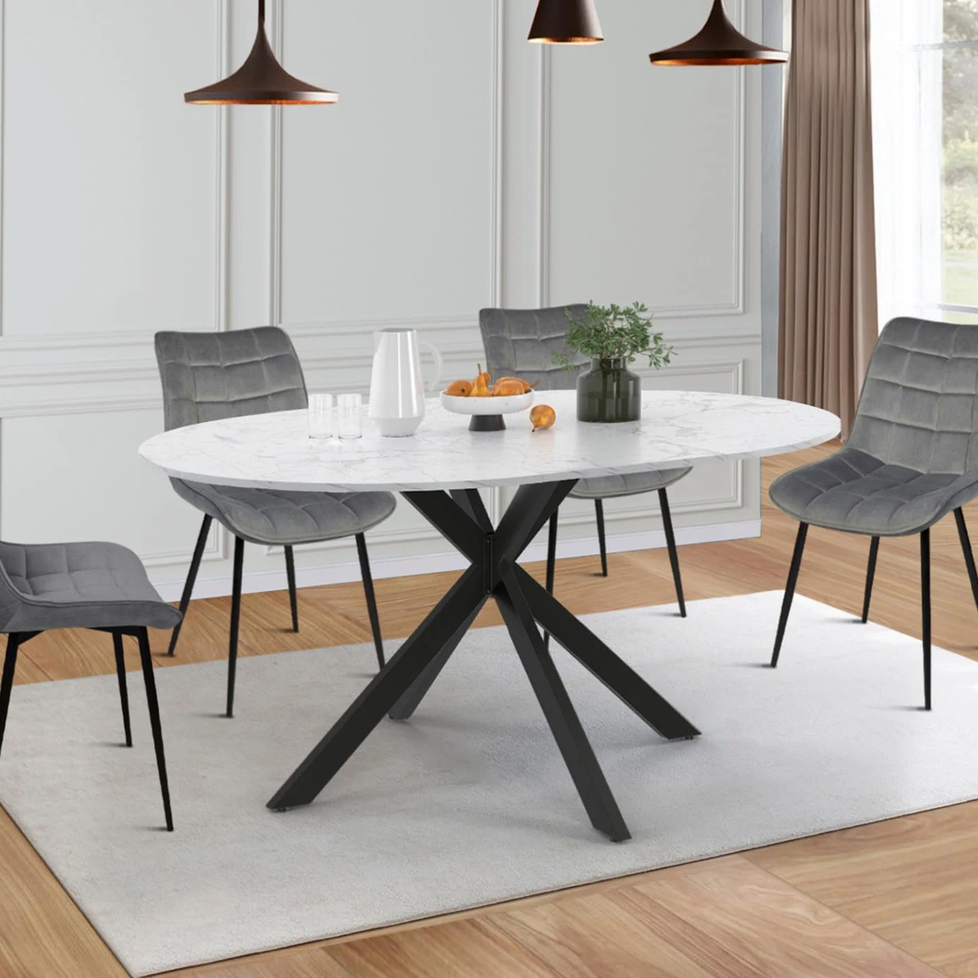 IDMarket – Mesa de comedor extensible redonda Alix 4-8 personas, pie araña negro, bandeja efecto mármol blanco Alaska 110-150 cm