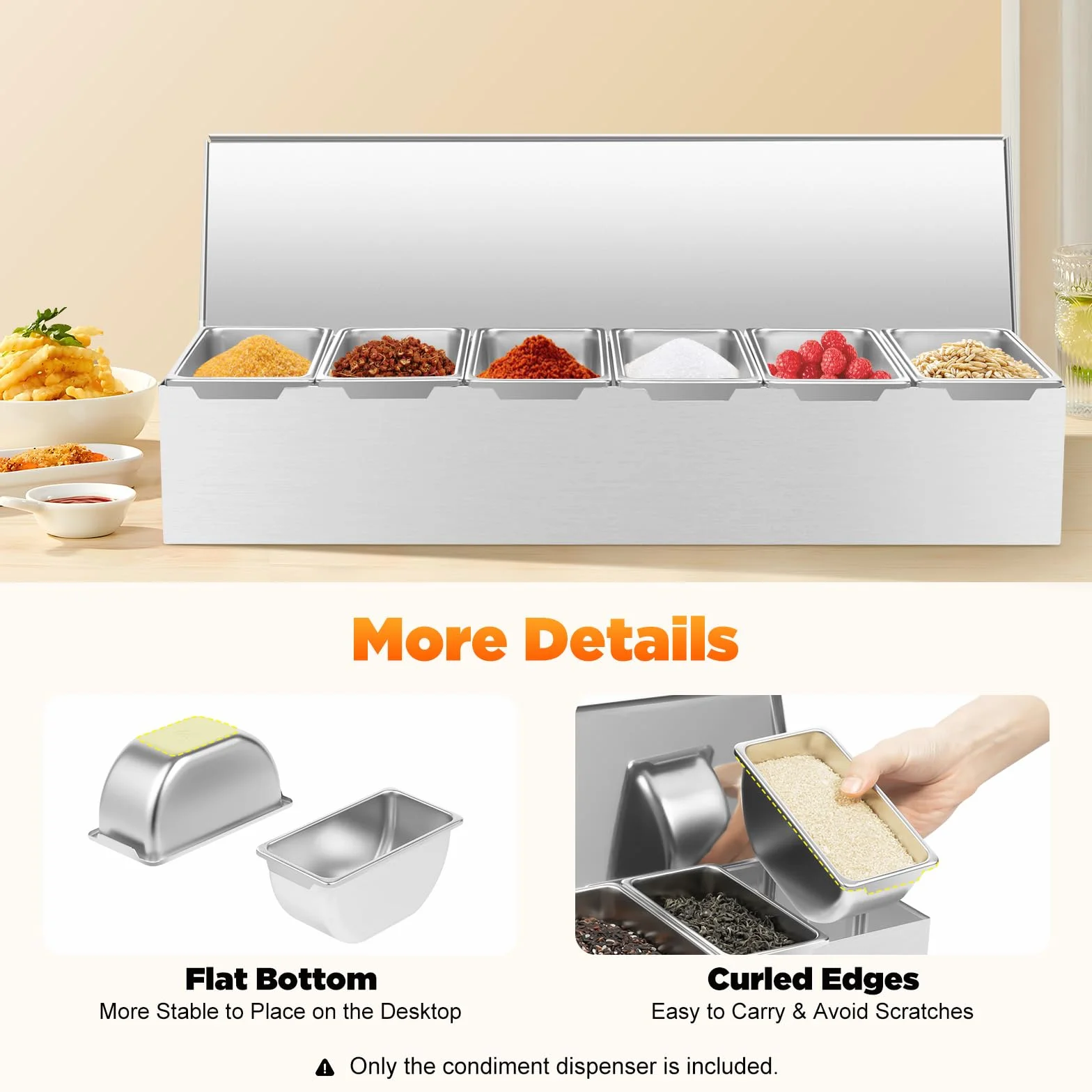 Dispensador de condimentos con tapas abatibles for cocinas y restaurantes, organizador de especias y salsas de acero inoxidable for preparación de alimentos limpios y fácil acceso