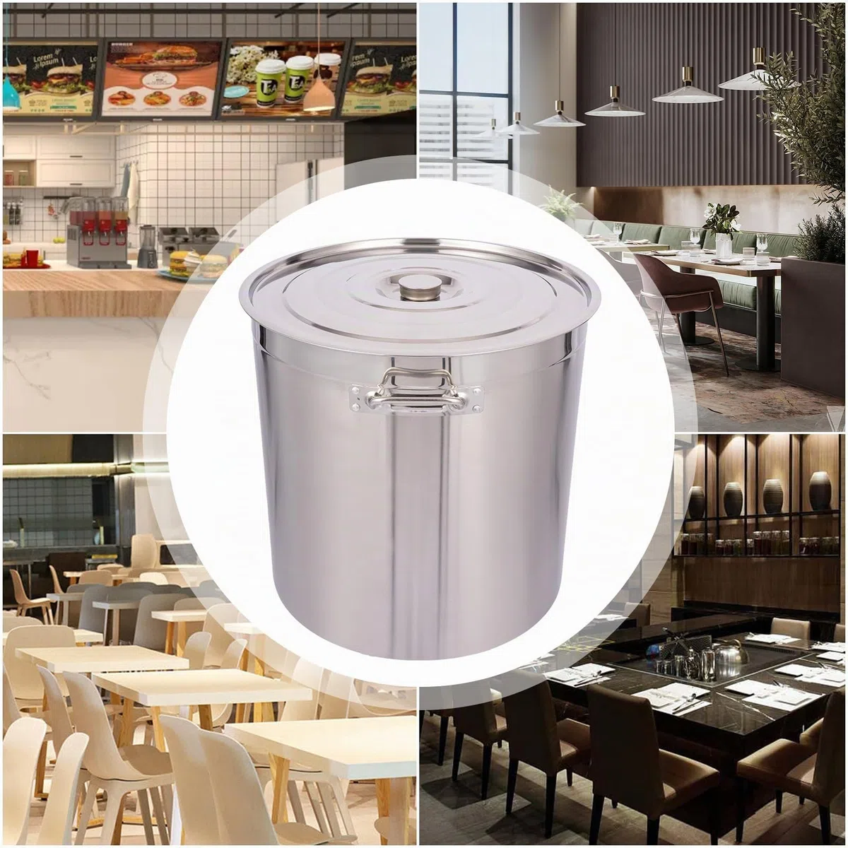 Olla de acero inoxidable 50/70/90L, sopera plateada con tapa, adecuada para cocinar, asar y mantener caliente en cocinas de gas y de inducción