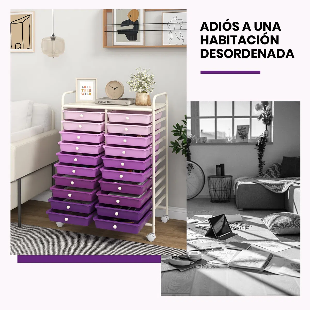 GOPLUS Carrito Auxiliar con 4 Ruedas, Carro de Servicios con 20 Cajones, 2 Ruedas con Frenos, Carro de Almacenamiento de Estructura Metálica para Cocina Oficina Baño (Violeta)