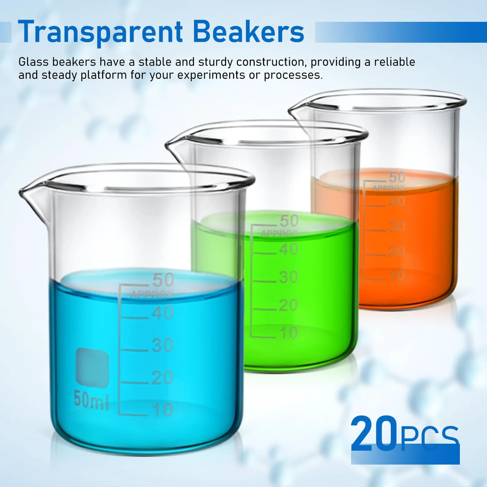 Uonlytech Vasos de Precipitados de Vidrio Graduados 50 Ml 20 Unidades Material de Laboratorio Transparente Boquilla Resistentes al Calor para Experimentos Científicos y Medición Precisa