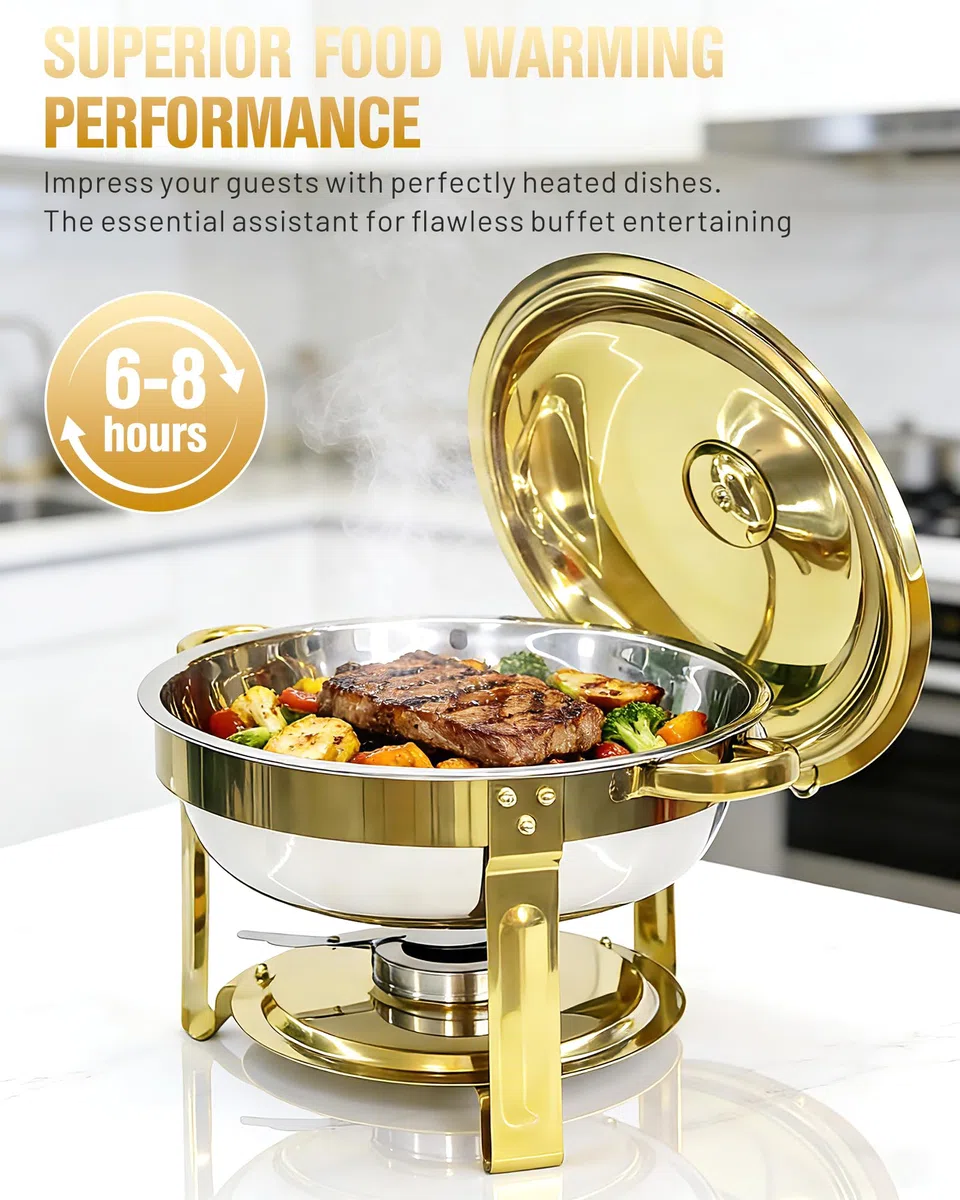 Calentador de Comida para Buffet, Chafing Dish 6L Acero Inoxidable | Juego de 2 Unidades, Calentador de Alimentos Buffet para Fiestas, Bodas, Banquetes y Eventos de Catering, Dorado y Plateado