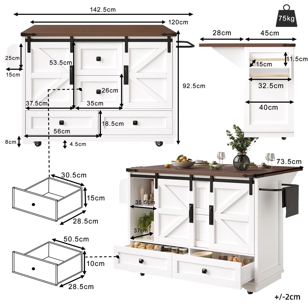 Carrito de cocina multifuncional con mesa plegable, isla de cocina móvil, bar, aparador con espacio de almacenamiento, carrito de servir con tres cajones y dos puertas de armario