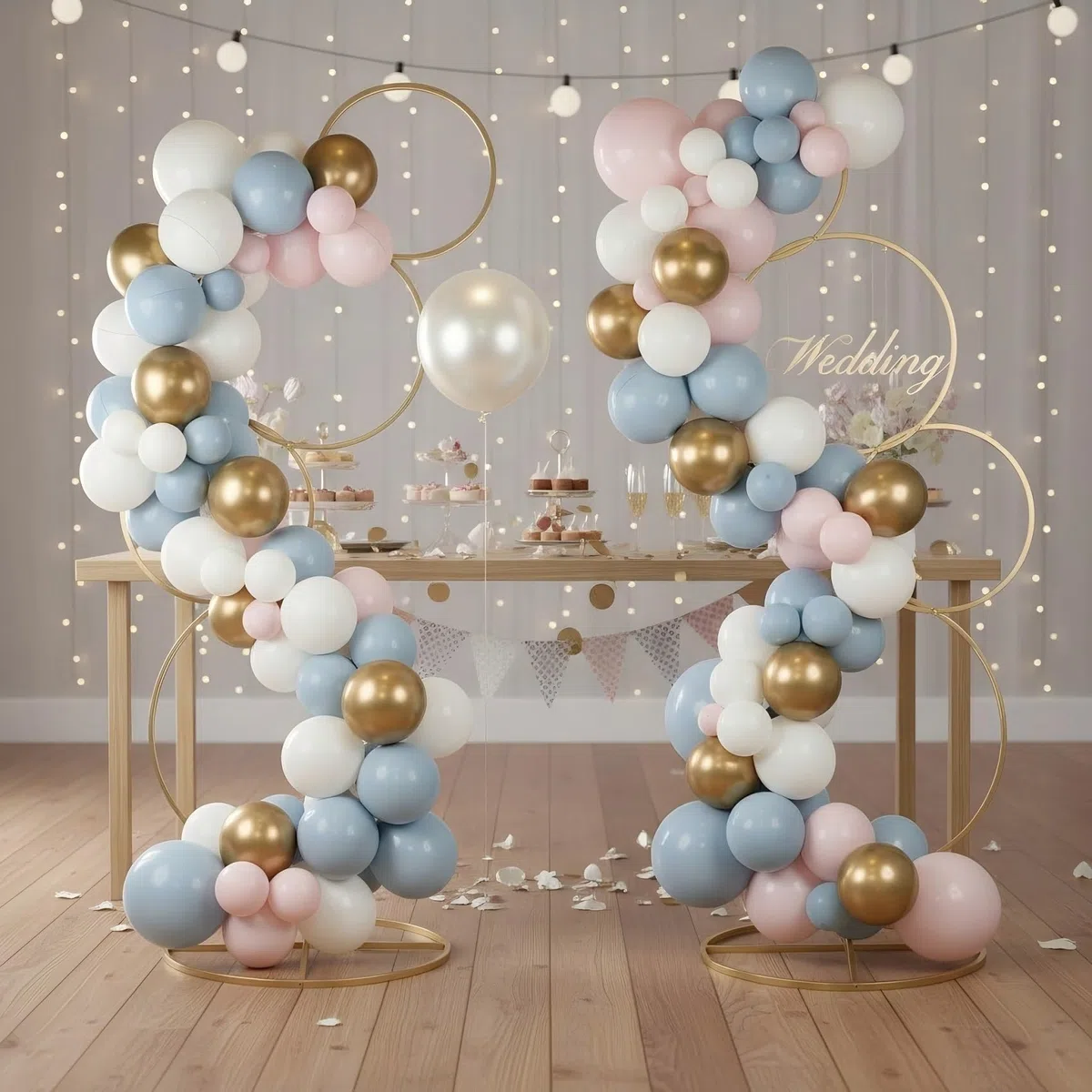 Soporte de arco de boda redondo dorado de 5 pies, marco de arco de flores de metal de 4 niveles para fondo de cabina de globos de fotos, 2 soportes de flores para centro de mesa de boda