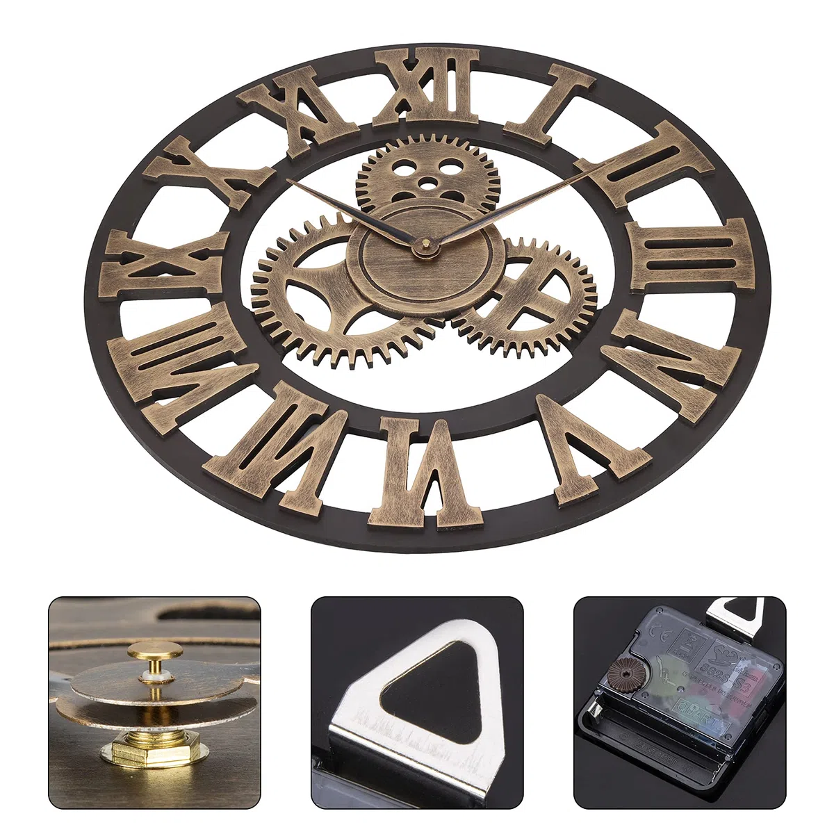 ACCSHINE Reloj de Pared Grande Salon Madera 60 cm Dorado Engranajes Industrial Silencioso Vintage Reloj de Cuarzo Números Romanos para Bar Cafetería
