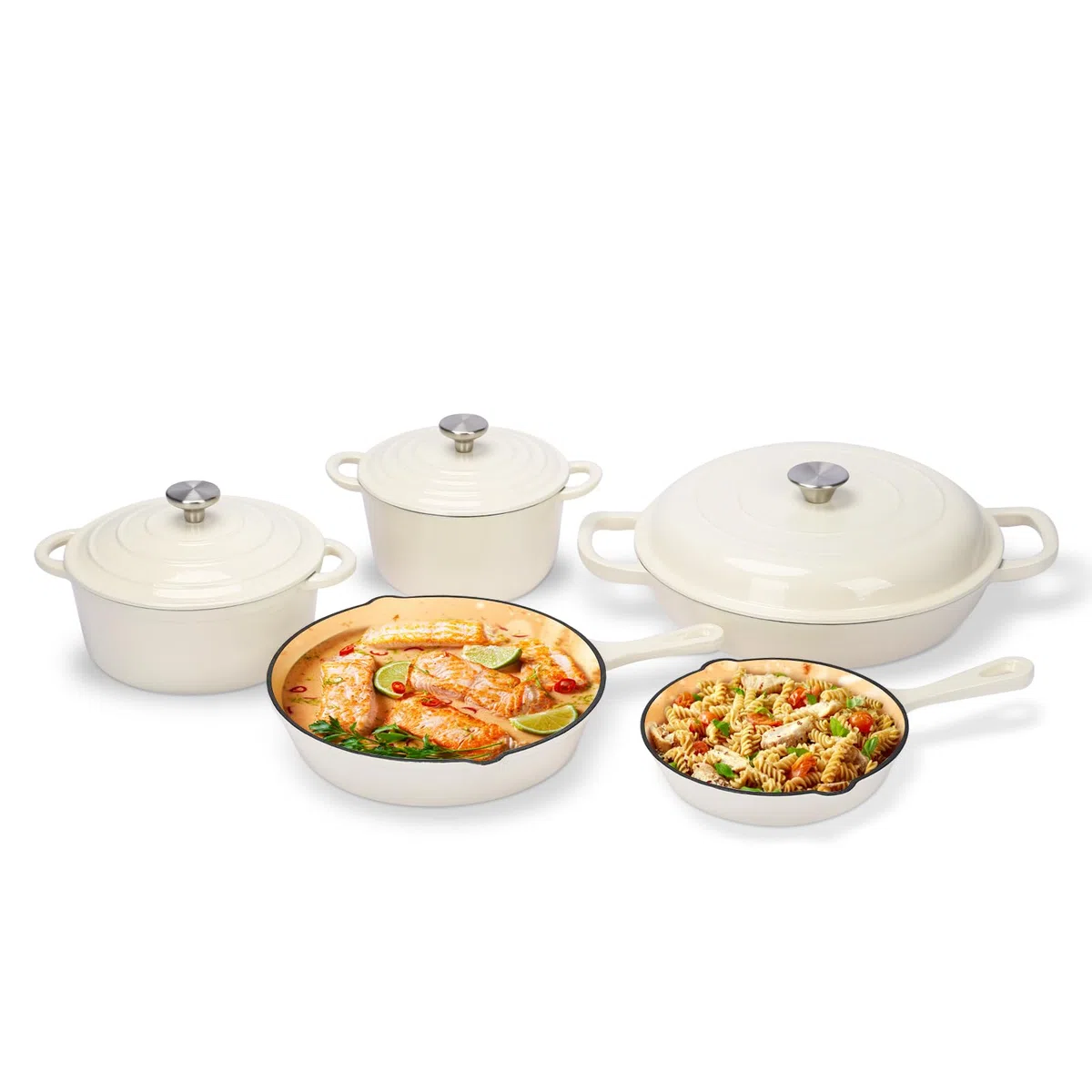 GFTIME Juego de 8 piezas de cocina en hierro fundido esmaltado antiadherente, ollas, sartenes y horno holandés para todo tipo de fuegos, ideal para hornear pan