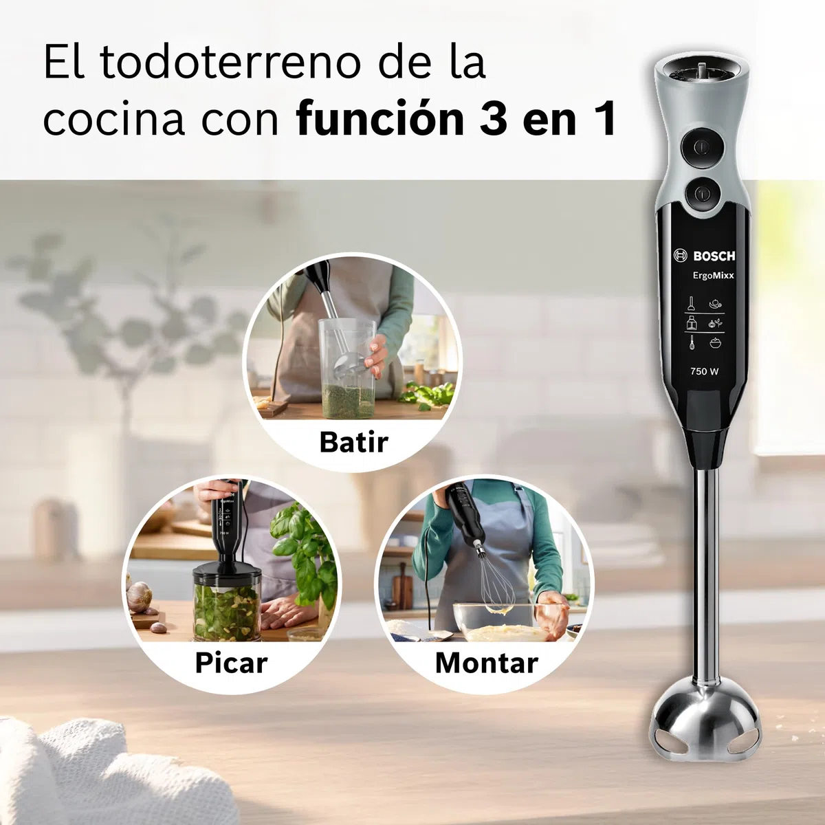 Bosch - Batidora de mano profesional, ErgoMixx, 750 W, 12+1 velocidades, QuattroBlade, Picador y vaso, Negro, MSM67160