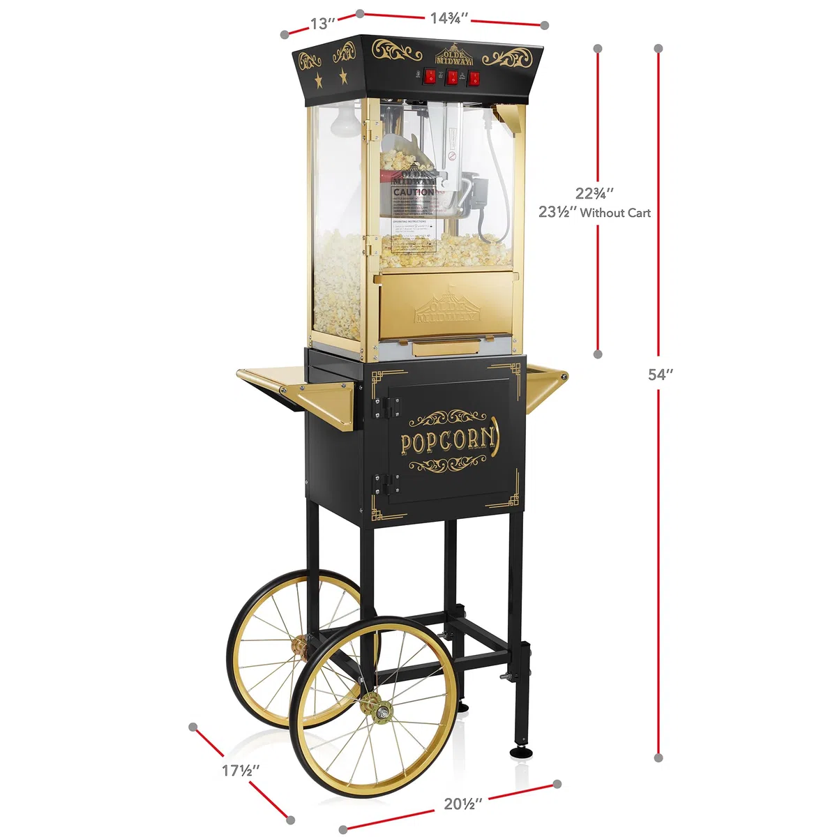 Olde Midway Máquina de palomitas de maíz estilo cine con carrito y hervidor de 8 onzas, color negro, estilo clásico con ruedas