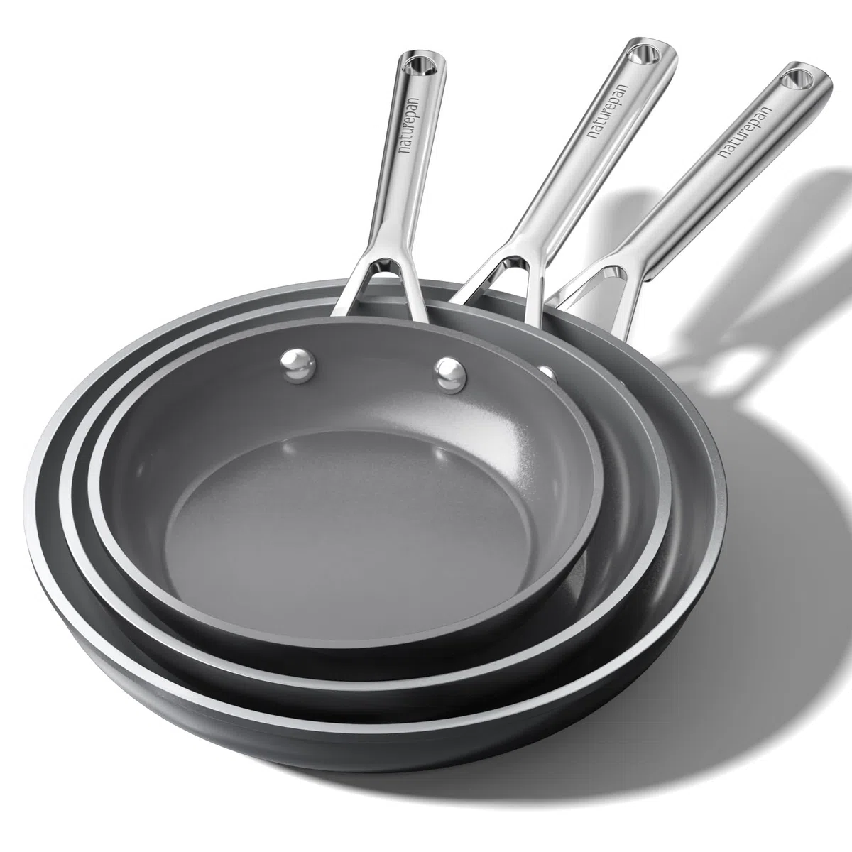 DiamondTitan Set 3 Sartenes Cerámicas (20+24+28 cm), Antiadherente para Todas Cocinas, Sin PTFE PFAS PFOA, Aptas para Horno, Lavavajillas con Mango que Permanece Frío (Gris)