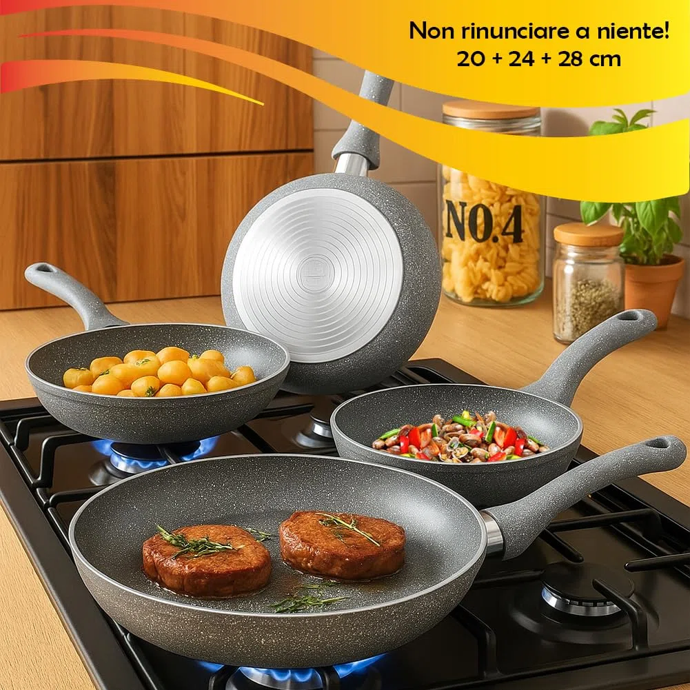 BAKAJI Juego de 3 sartenes Primolla de 20 – 24 – 28 cm de diámetro, revestimiento efecto piedra antiadherente Pfoa Free para cocción homogénea, mango térmico Cool Touch, ideal para hornillos de gas