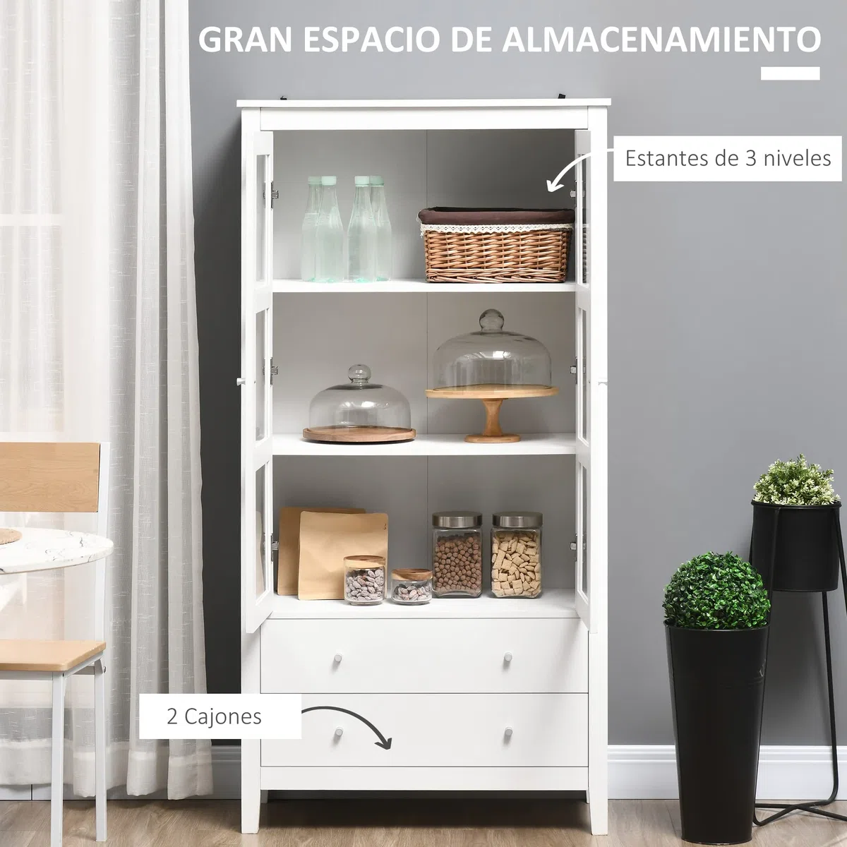 HOMCOM Vitrina de Salón Aparador de Cocina 2 Puertas 80x40x160 cm Blanco | Vidrio Templado, 3 Estantes, 2 Cajones, Bisagras de Cierre Suave, para Comedor Oficina