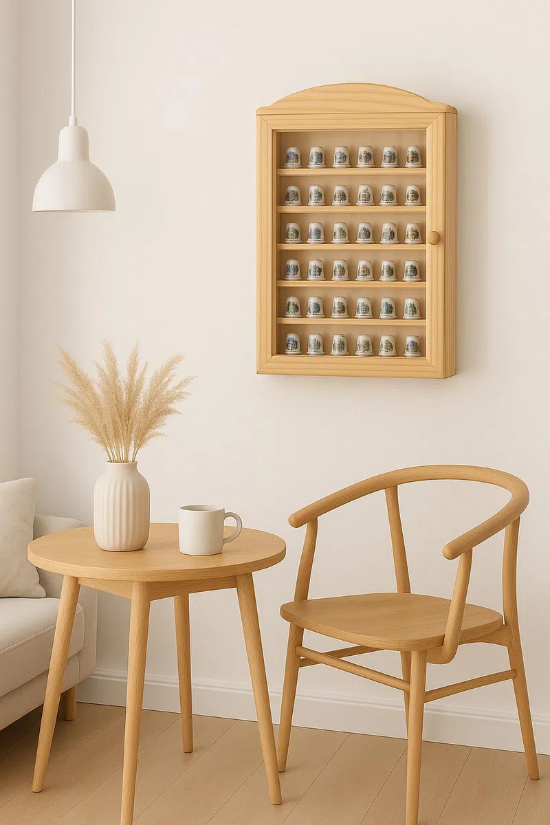 Vitrina Colecciones dedales Grande. para 64 dedales. Medidas (Ancho/Fondo/Alto): 30*6.5*54 cms. Medida Interior de Las baldas: Ancho: 28 cms, Fondo: 3 cms, Alto: 4,5 cms..